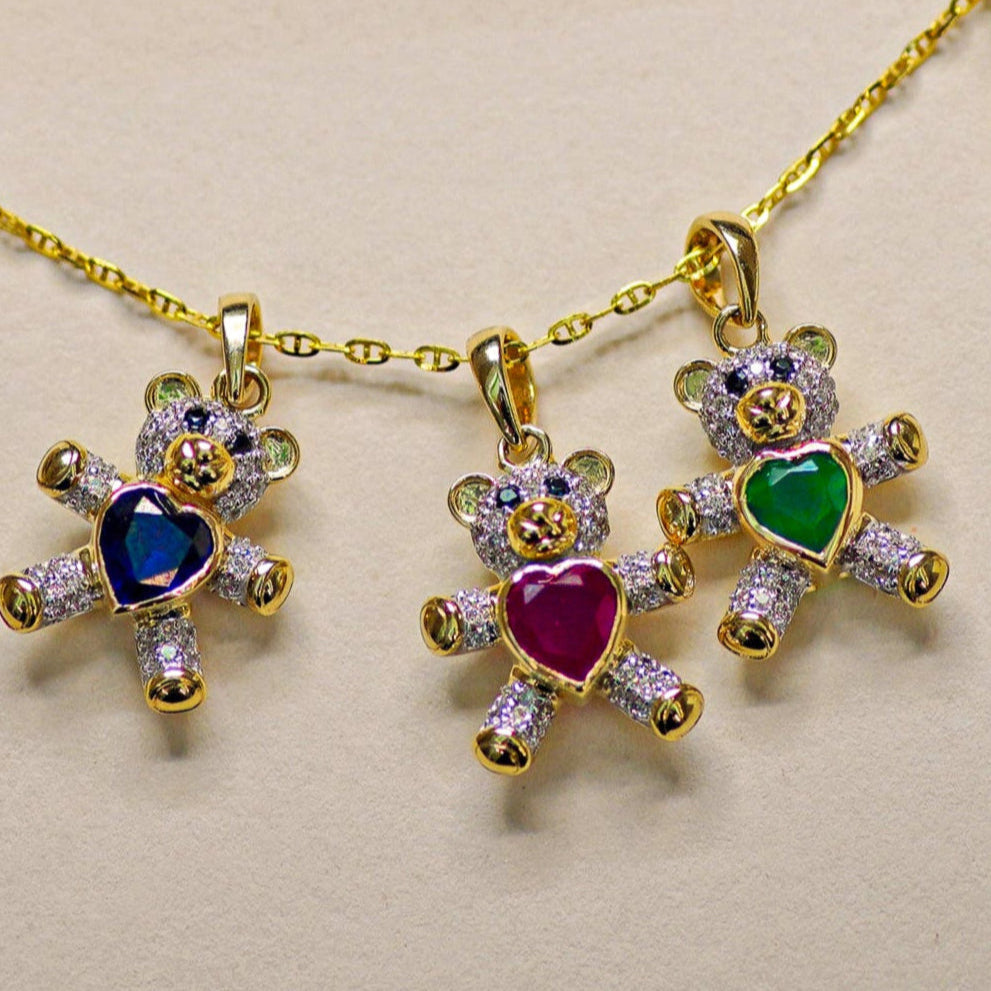 Diamond Heart Teddy Bear Pendant - Anygolds