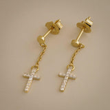 Diamond Cross Chain Drop Earrings