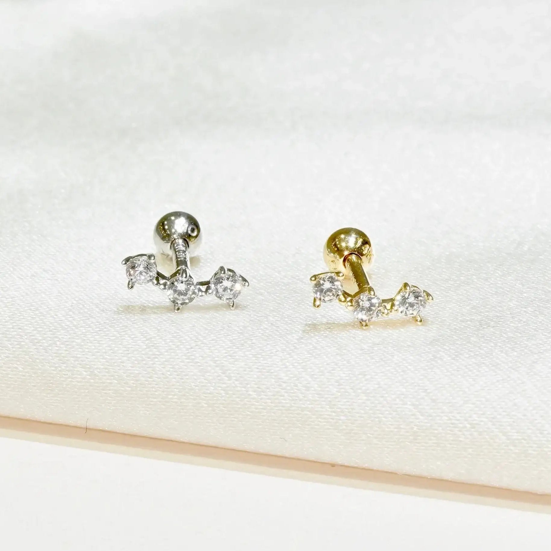 14K Solid Gold Diamond Mini Triple Stud – Anygolds