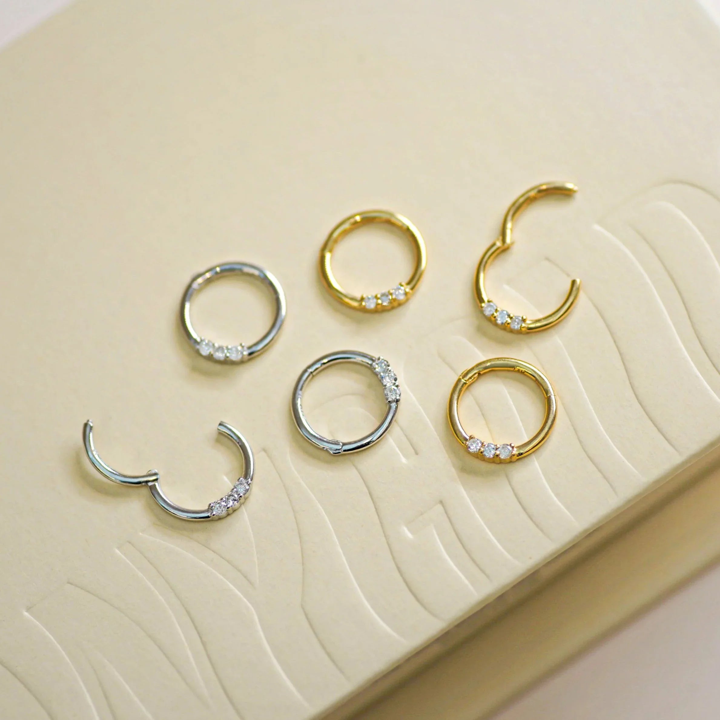 14K Solid Gold Triple Diamond Clicker Hoop – Anygolds