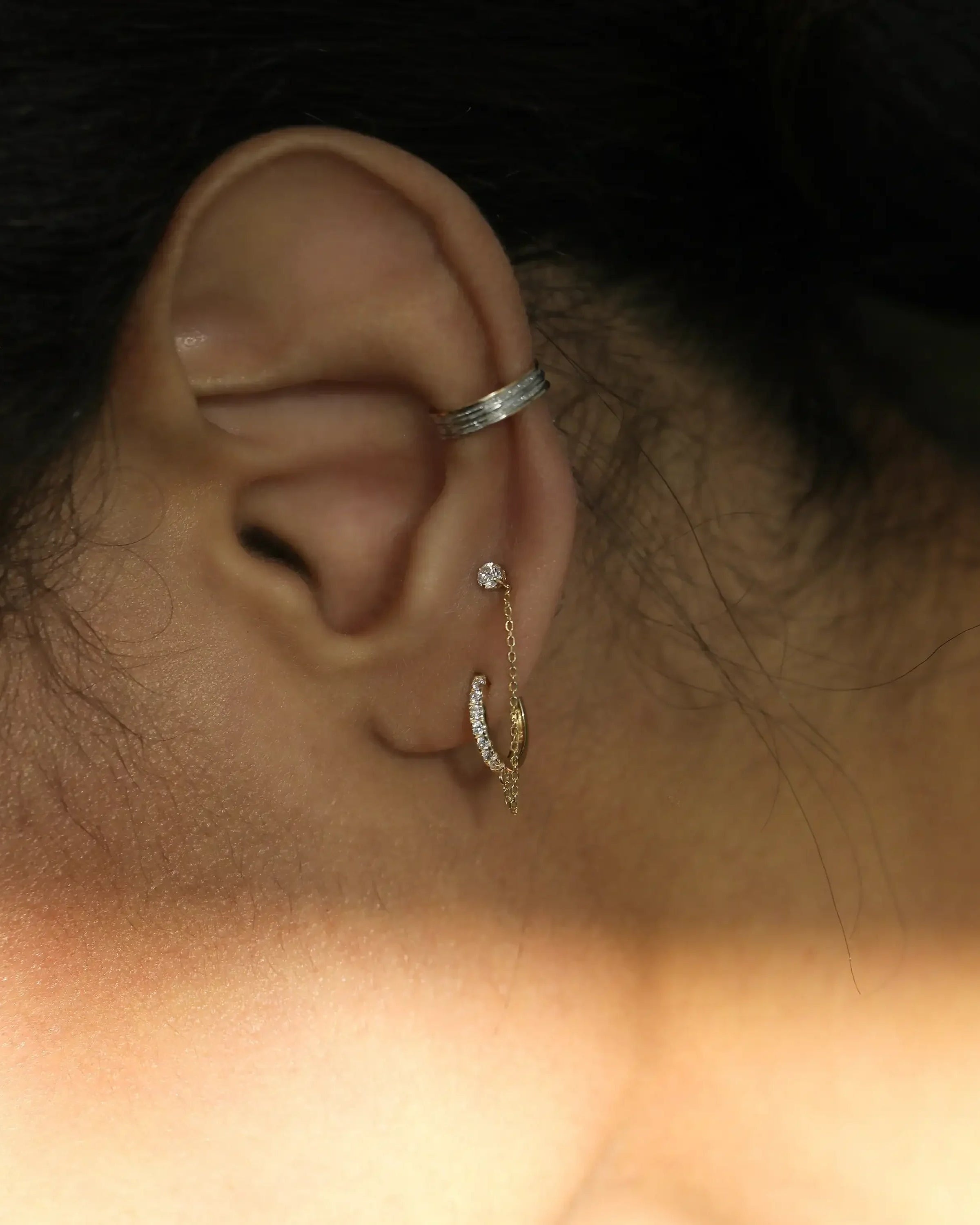 14K Solid Gold CZ Hoop with Chain Double Stud Earring – Anygolds