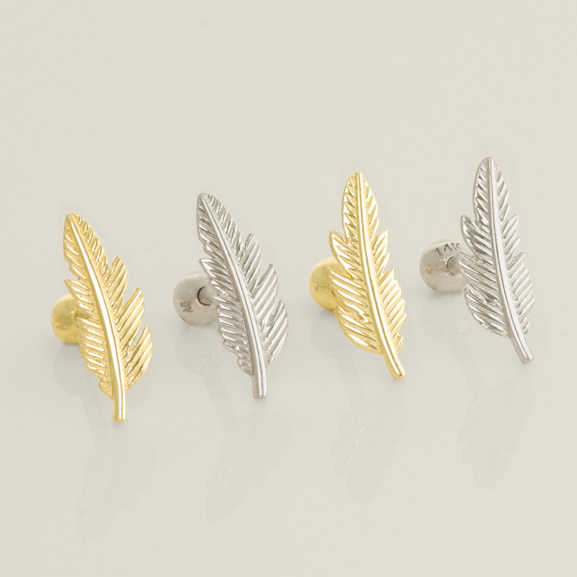 14K Solid Gold Mini Feather Stud Piercing Earring - Anygolds 