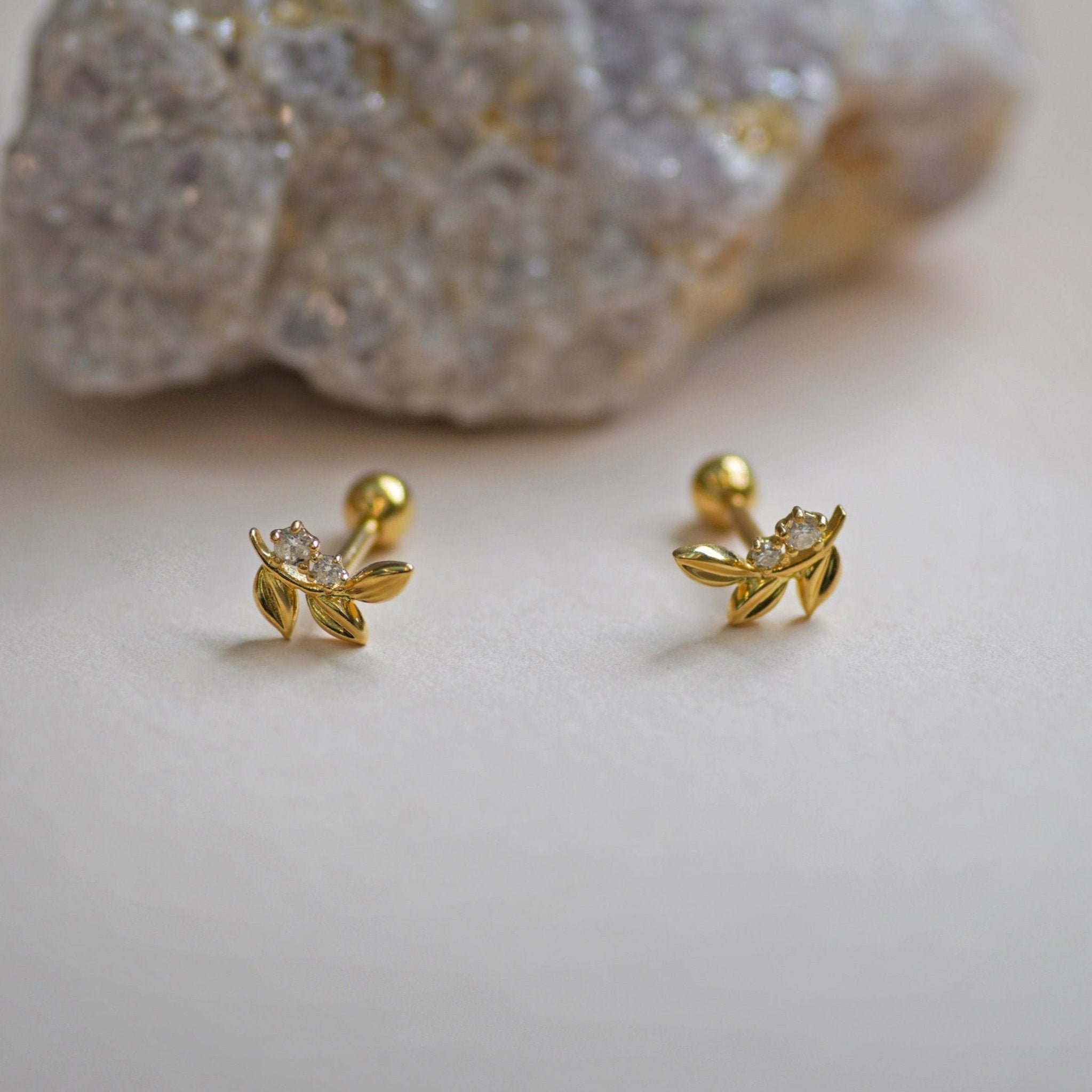 14K Gold Olive Leaf with Diamond Stud Earring - Anygolds