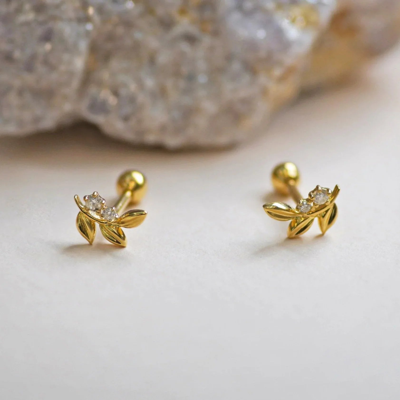 14K Solid Gold Diamond Olive Leaf Stud – Anygolds