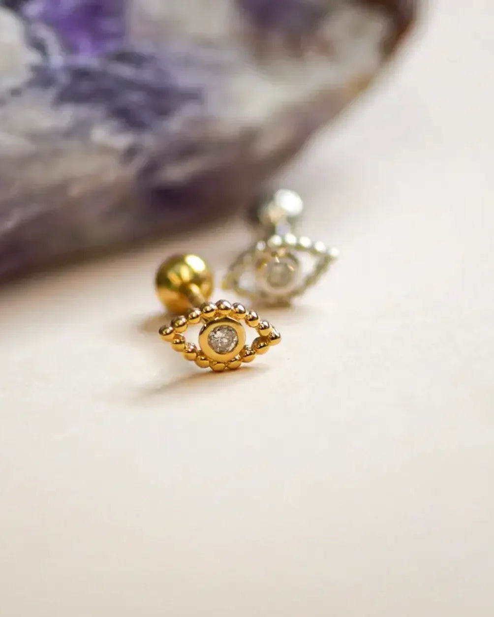 14K Solid Gold Beaded Diamond Evil Eye Stud – Anygolds