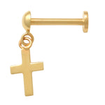 14k Solid Gold Dangle Cross Charm Stud Piercing Earring