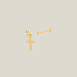 14k Solid Gold Dangle Cross Charm Stud Piercing Earring