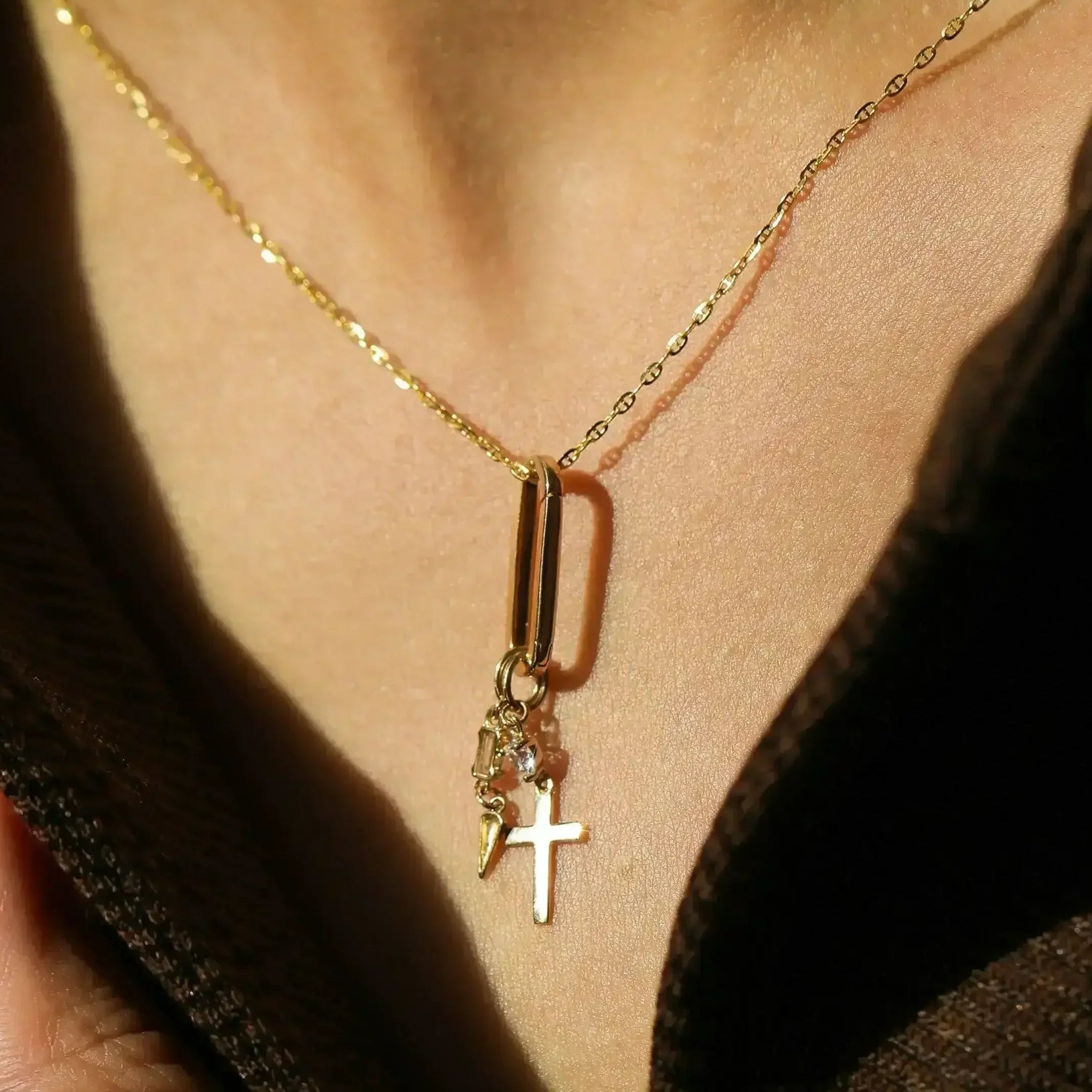 14K Solid Gold Stone & Cross Charm – Anygolds