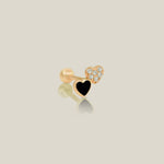 14k Gold Black & White Cubic Zirconia Double Heart Stud Piercing Earring