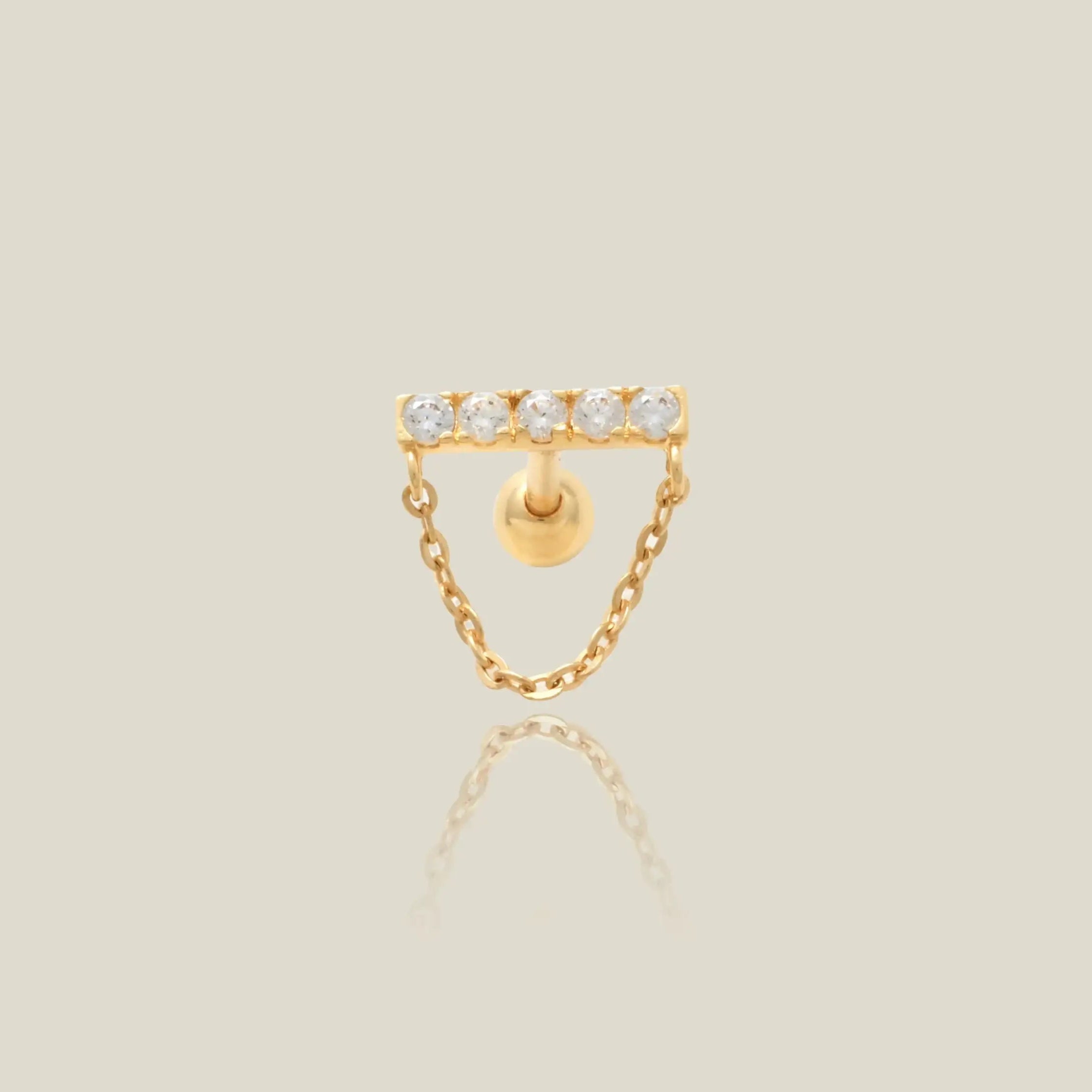 14K Solid Gold Line Bar Dangle Chain Stud – Anygolds