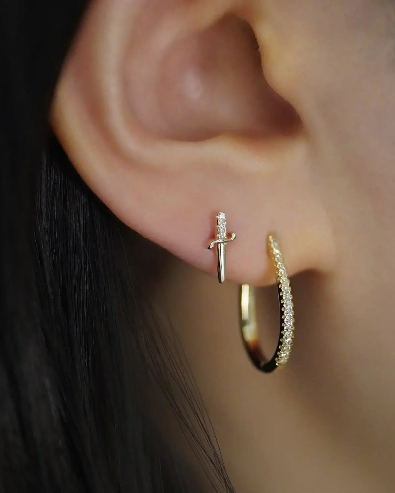 14K Solid Gold CZ Petite Dagger Stud – Anygolds