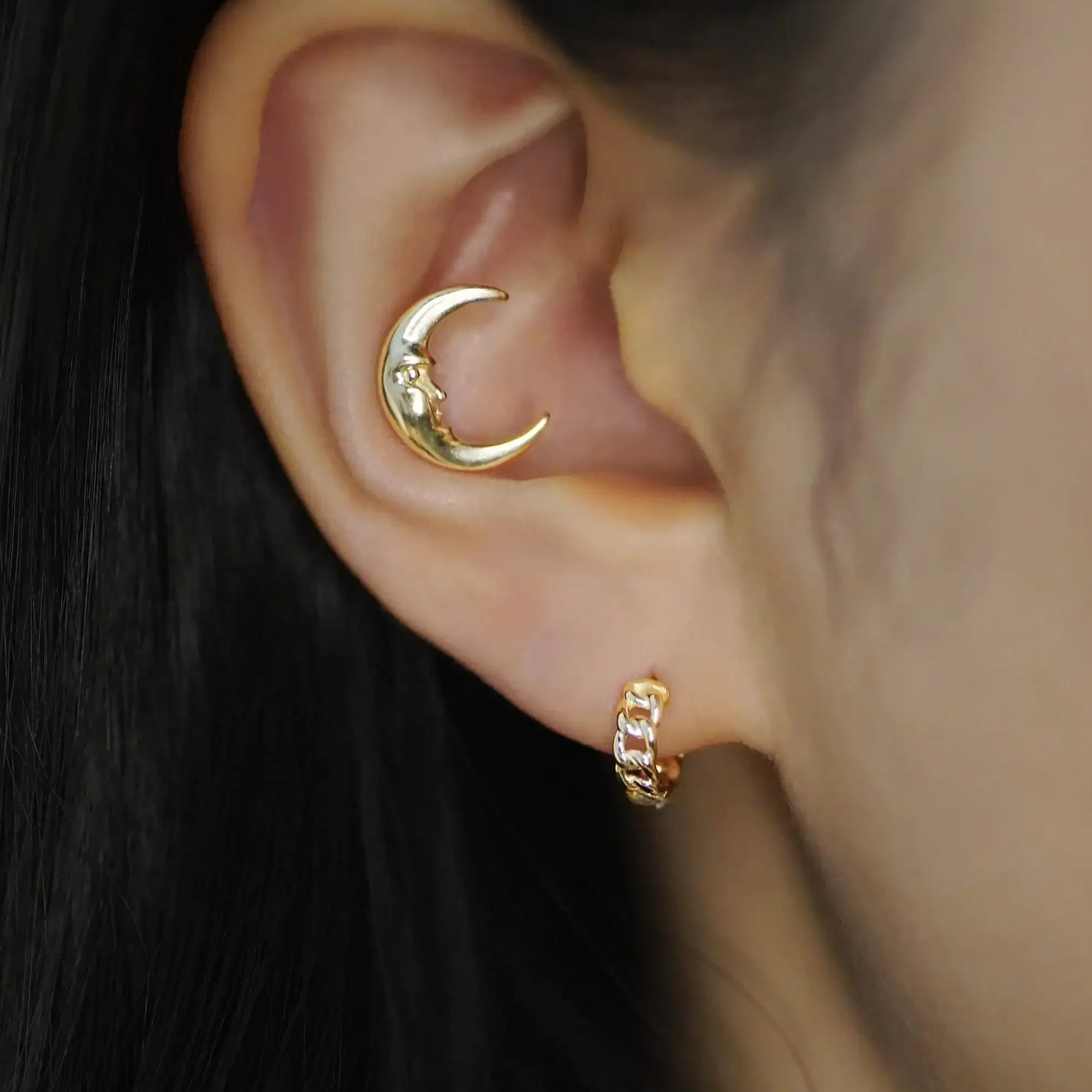 14K Solid Gold Crescent Moon Face Stud – Anygolds