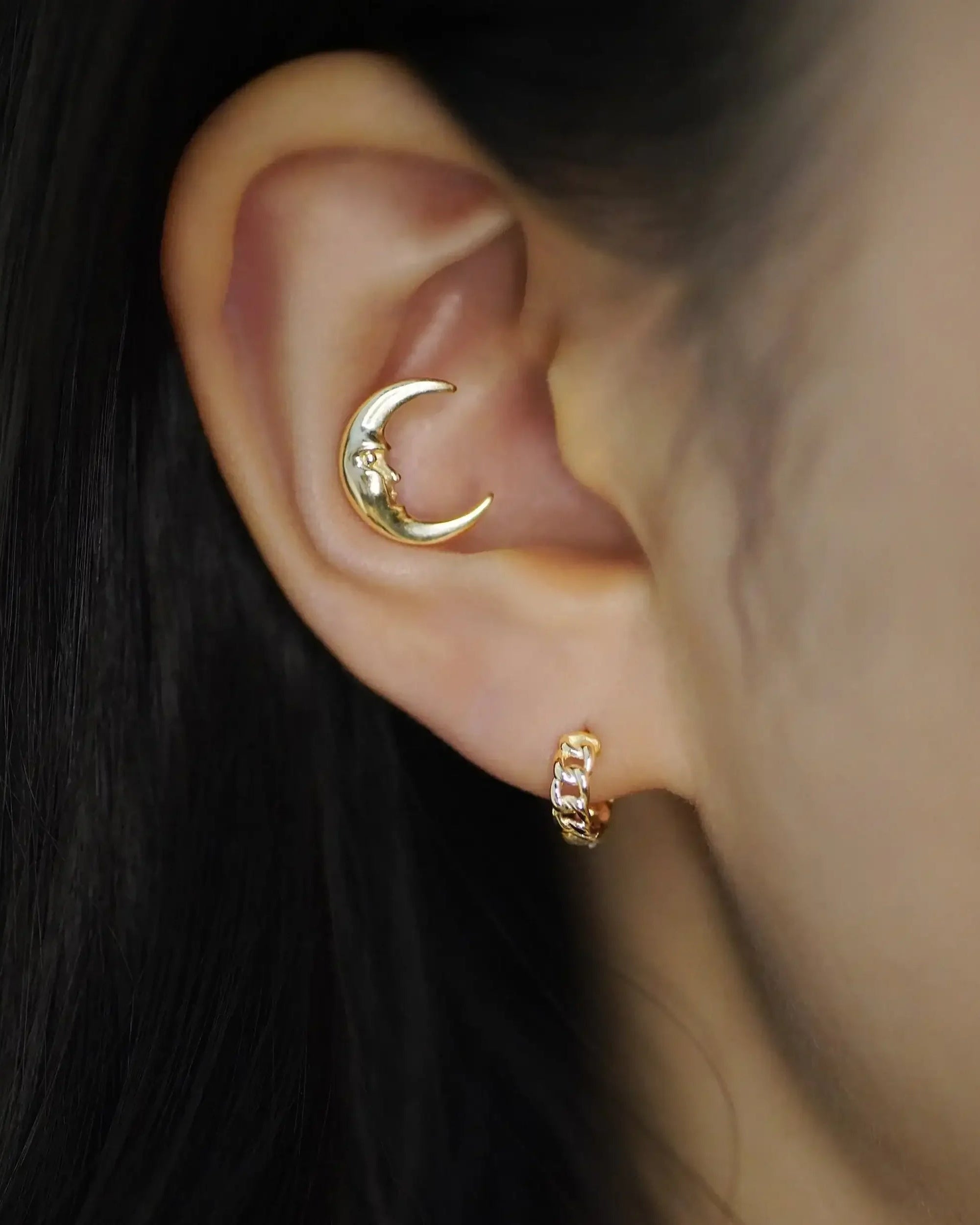 14K Solid Gold Crescent Moon Face Stud – Anygolds