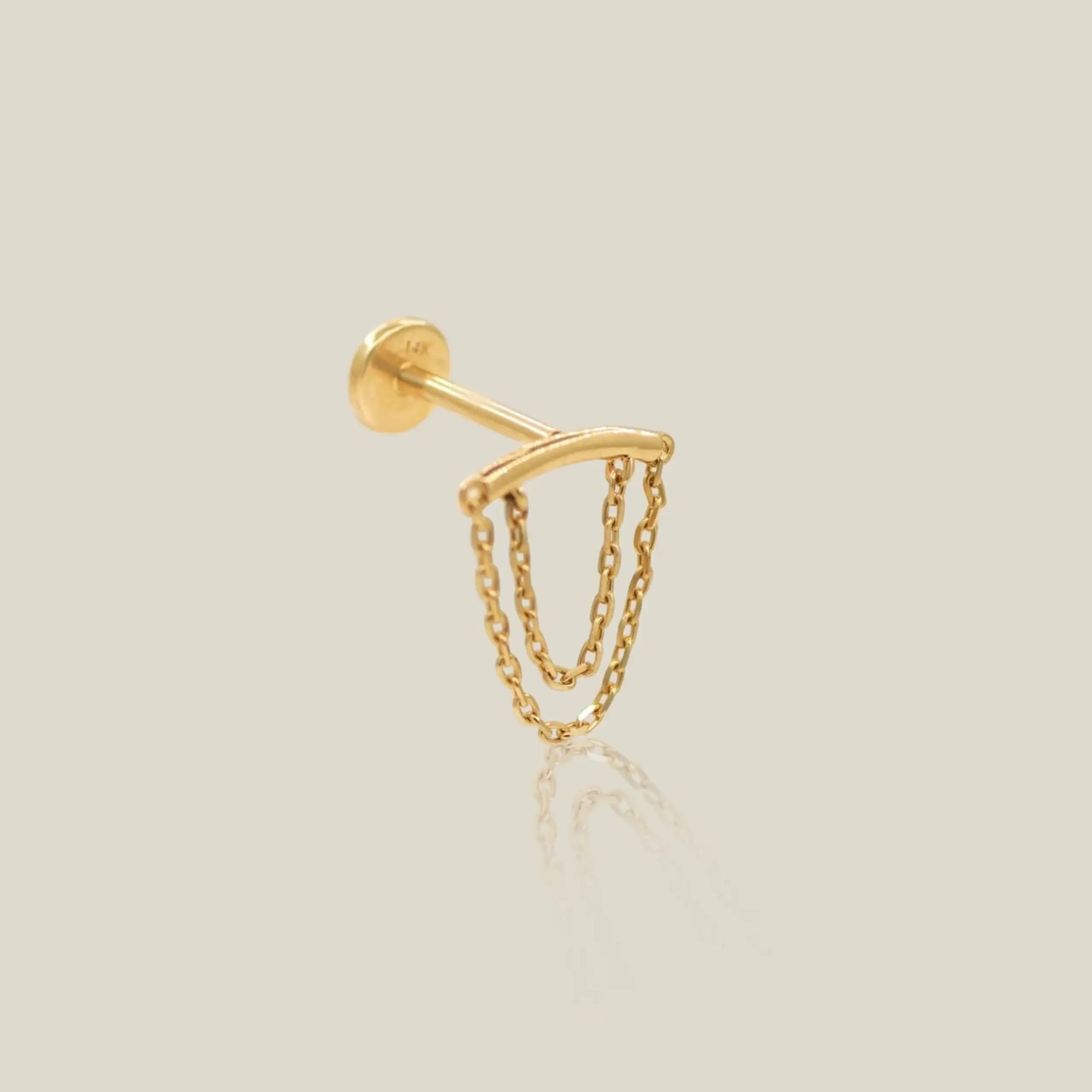 14K Solid Gold Curved Bar & Double Chain Stud – Anygolds