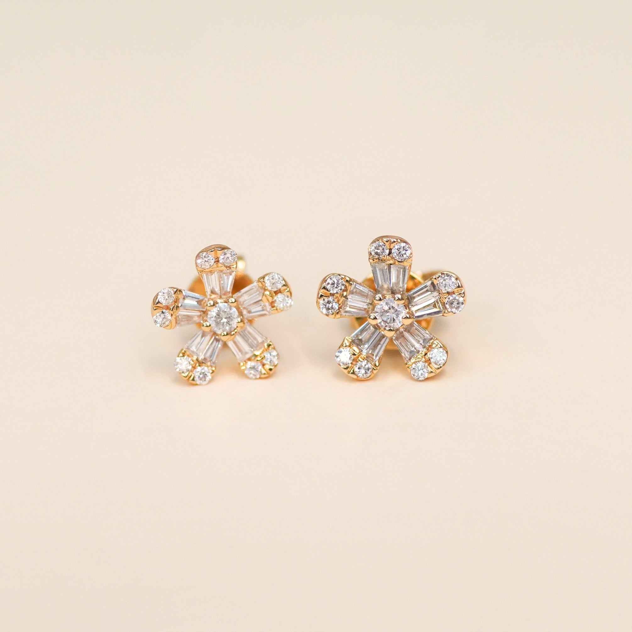 Diamond Baguette-Cut Flower Stud Earrings - Anygolds
