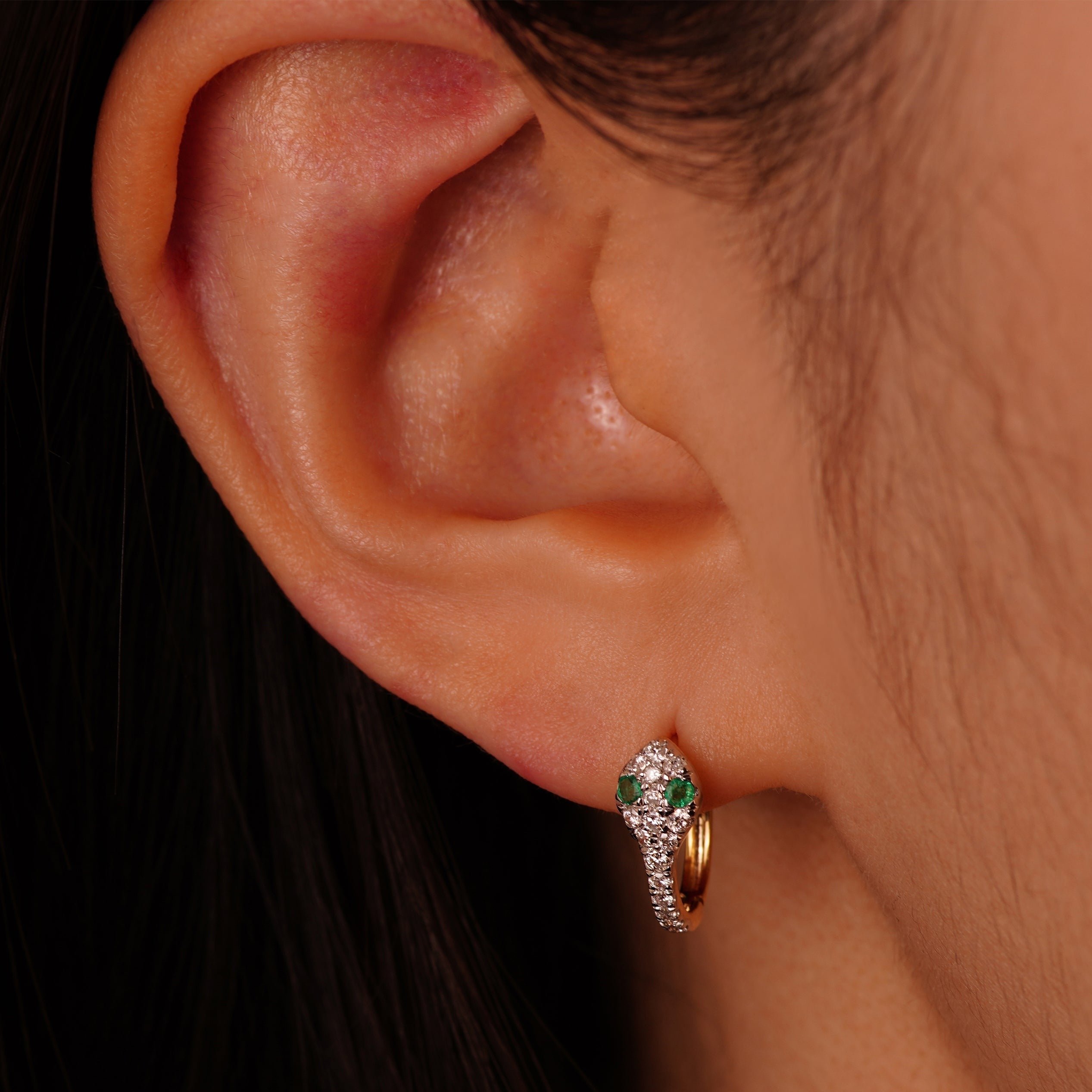 14K Solid Gold Diamond Emerald Snake Eyes Hoop Earrings - Anygolds 