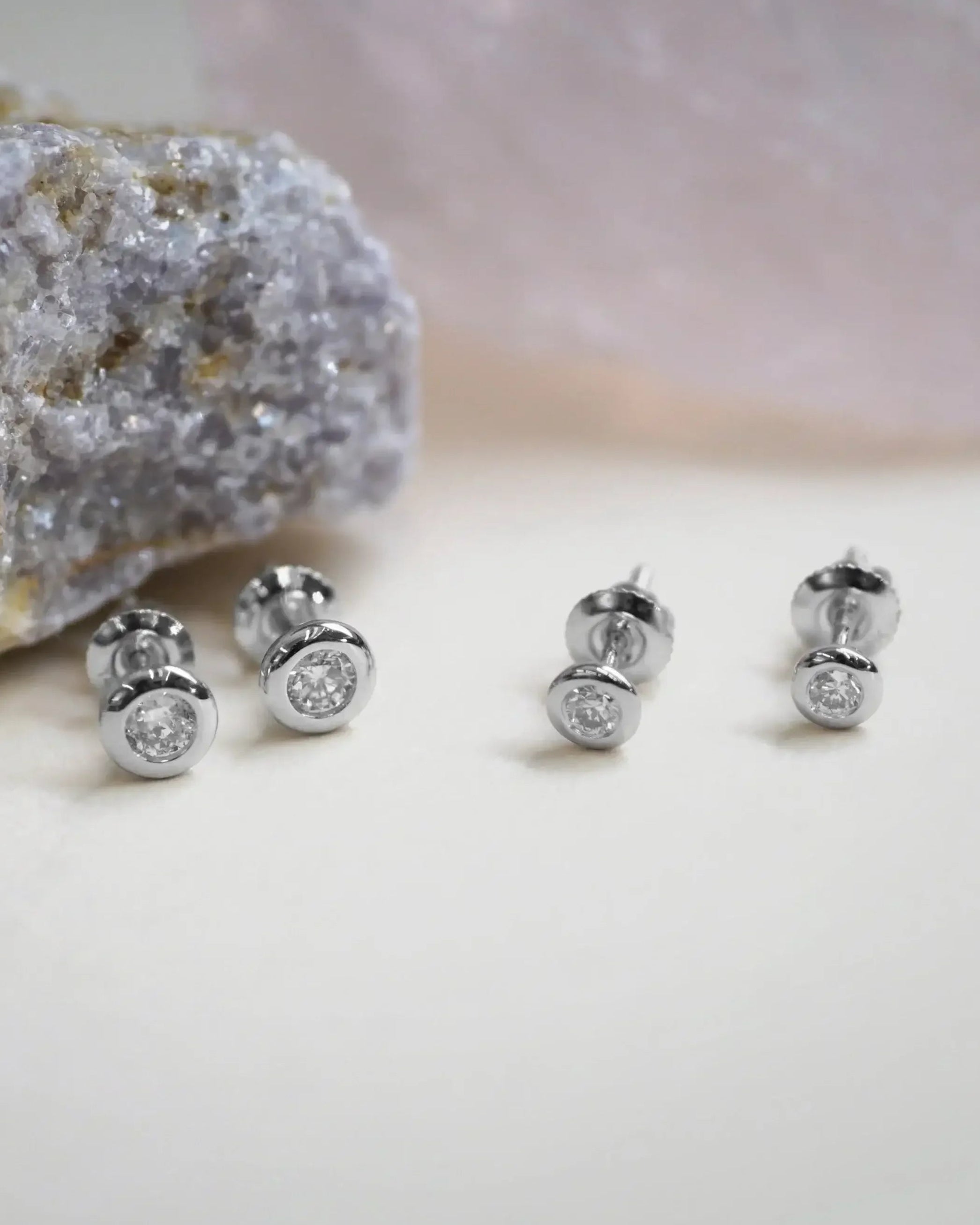 14K Solid Gold Bezel Diamond Round Stud Earrings – Anygolds