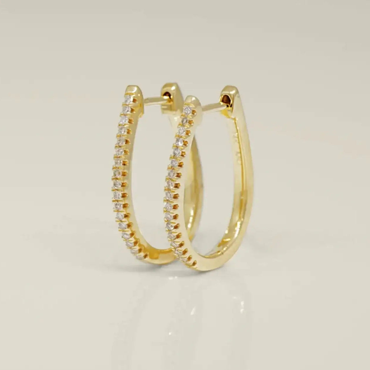 14K Solid Gold Diamond Oval Shaped Hoop Earrings (Single & Double Row) – Anygolds