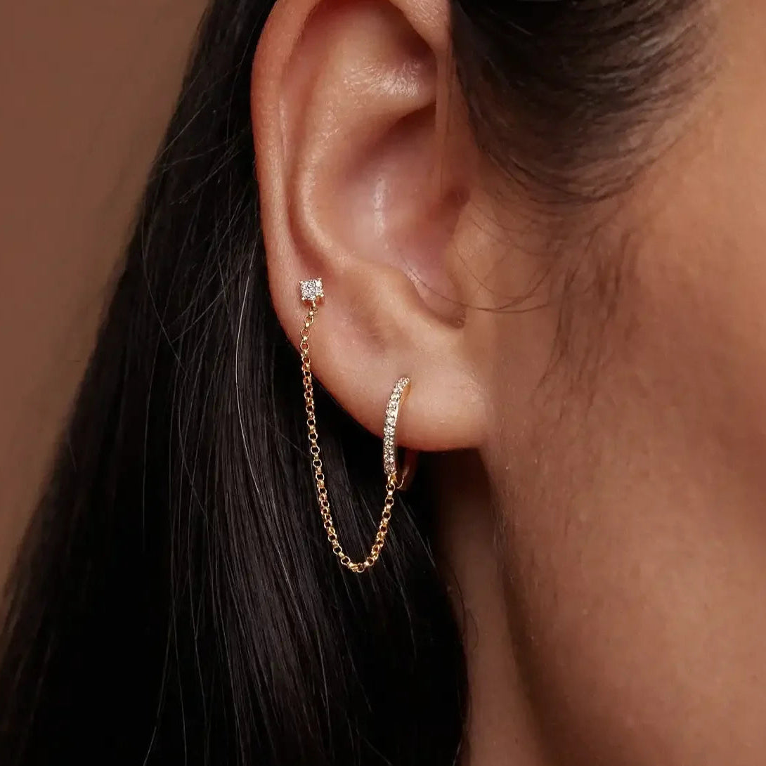 14K Solid Gold Diamond Hoop with Chain Double Stud Earring – Anygolds