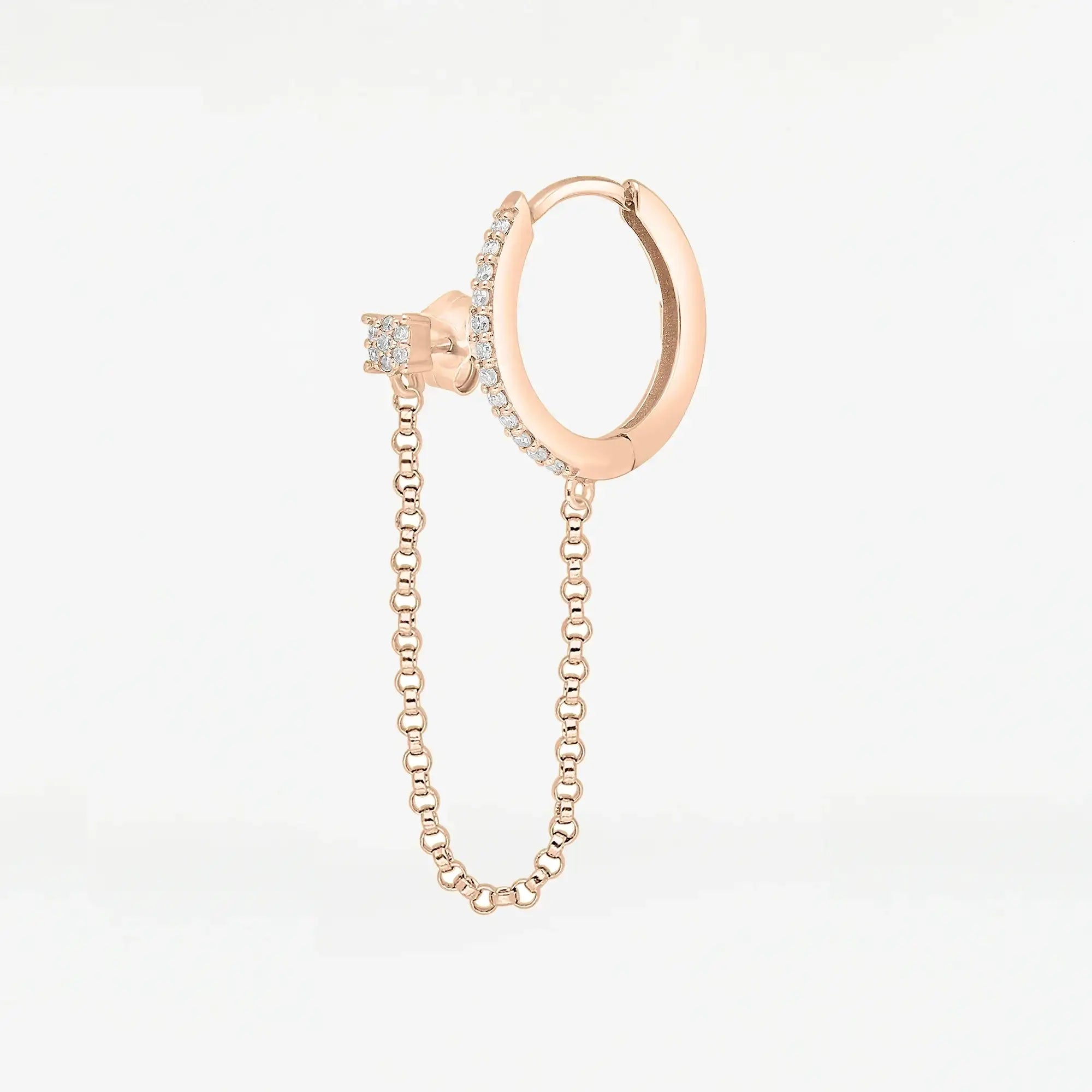 14K Solid Gold Diamond Hoop with Chain Double Stud Earring – Anygolds
