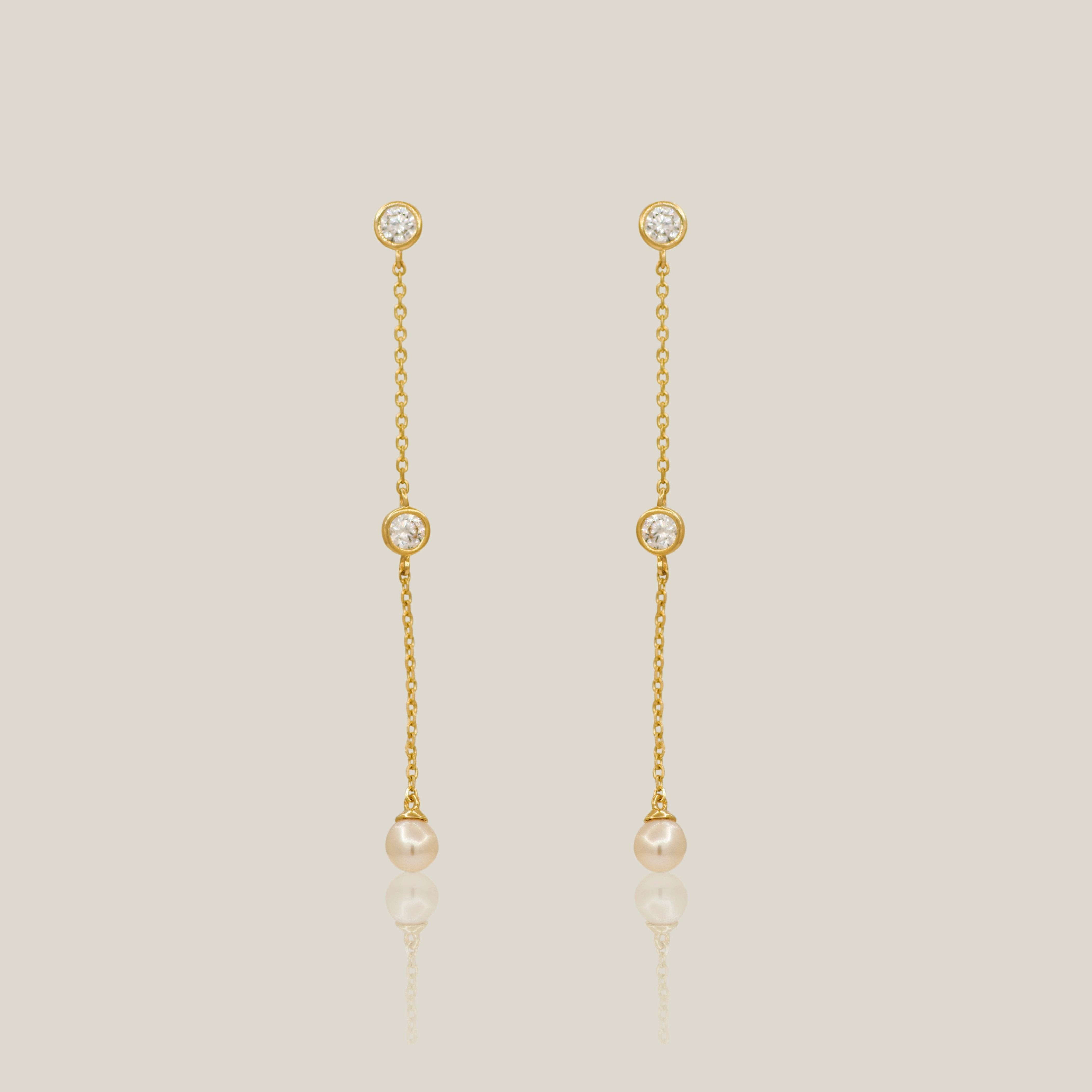 CZ & Pearl Long Chain Drop Earrings - Anygolds