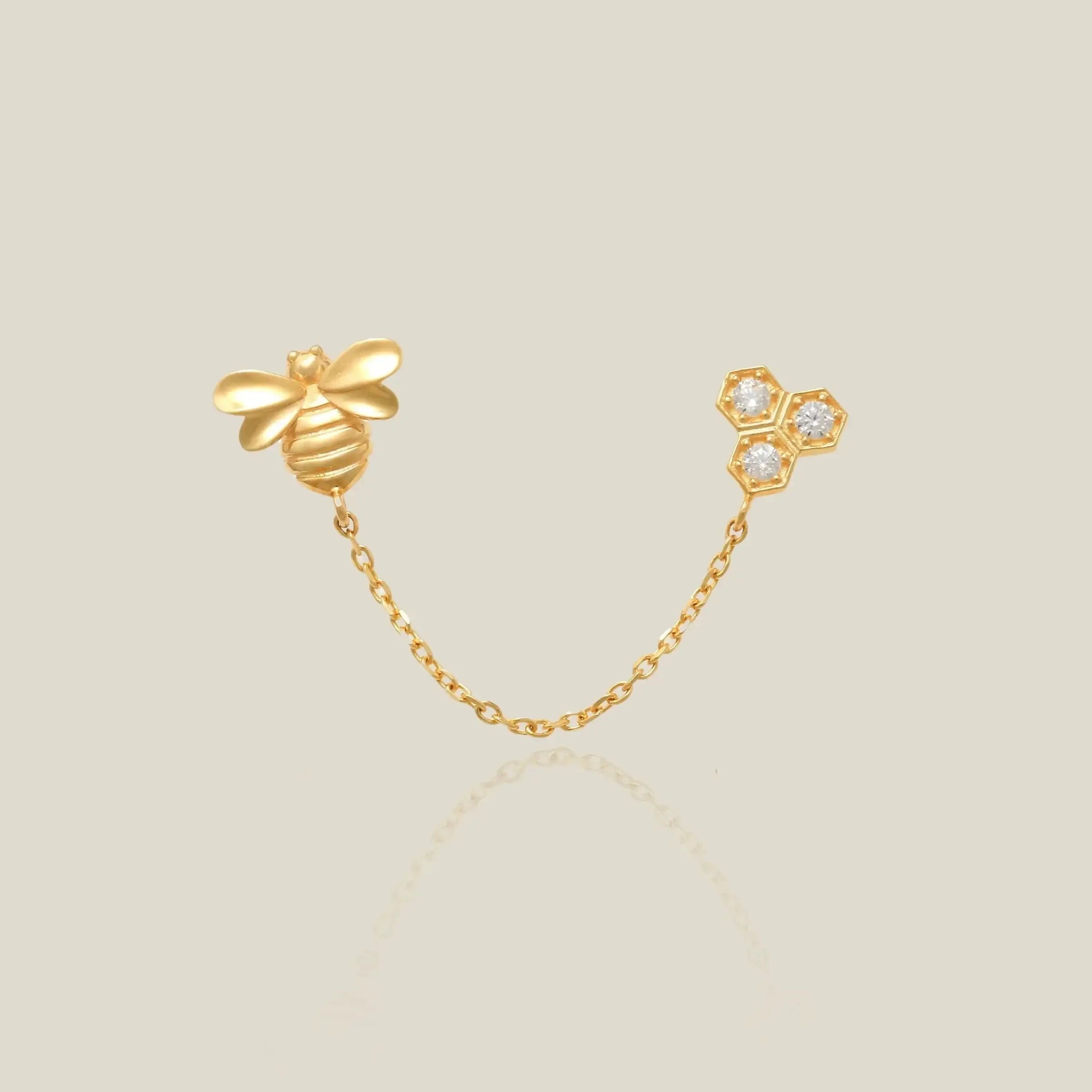 14K Solid Gold Bee & Honeycomb Double Chain Stud Earring – Anygolds