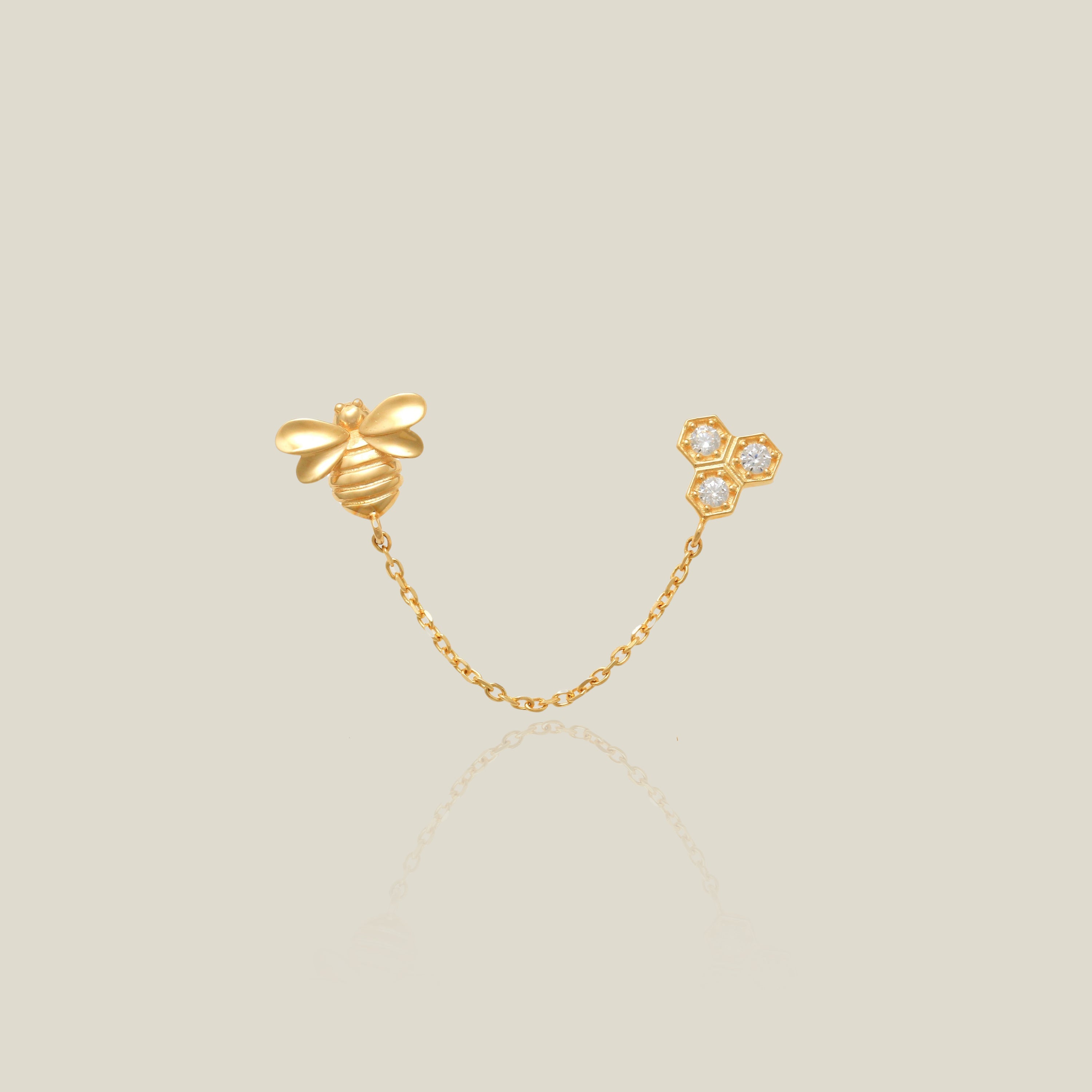 14k Solid Gold Bee & Honeycomb Double Chain Stud Earring - Anygolds