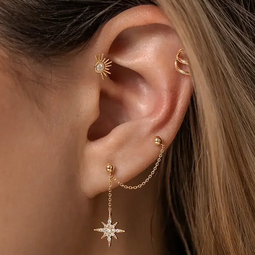 14K Solid Gold Starburst Chain Double Stud Earring – Anygolds