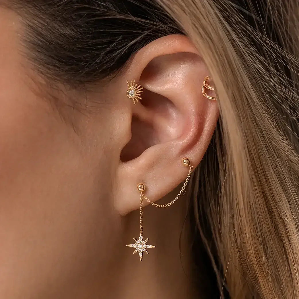 14K Solid Gold Starburst Chain Double Stud Earring – Anygolds