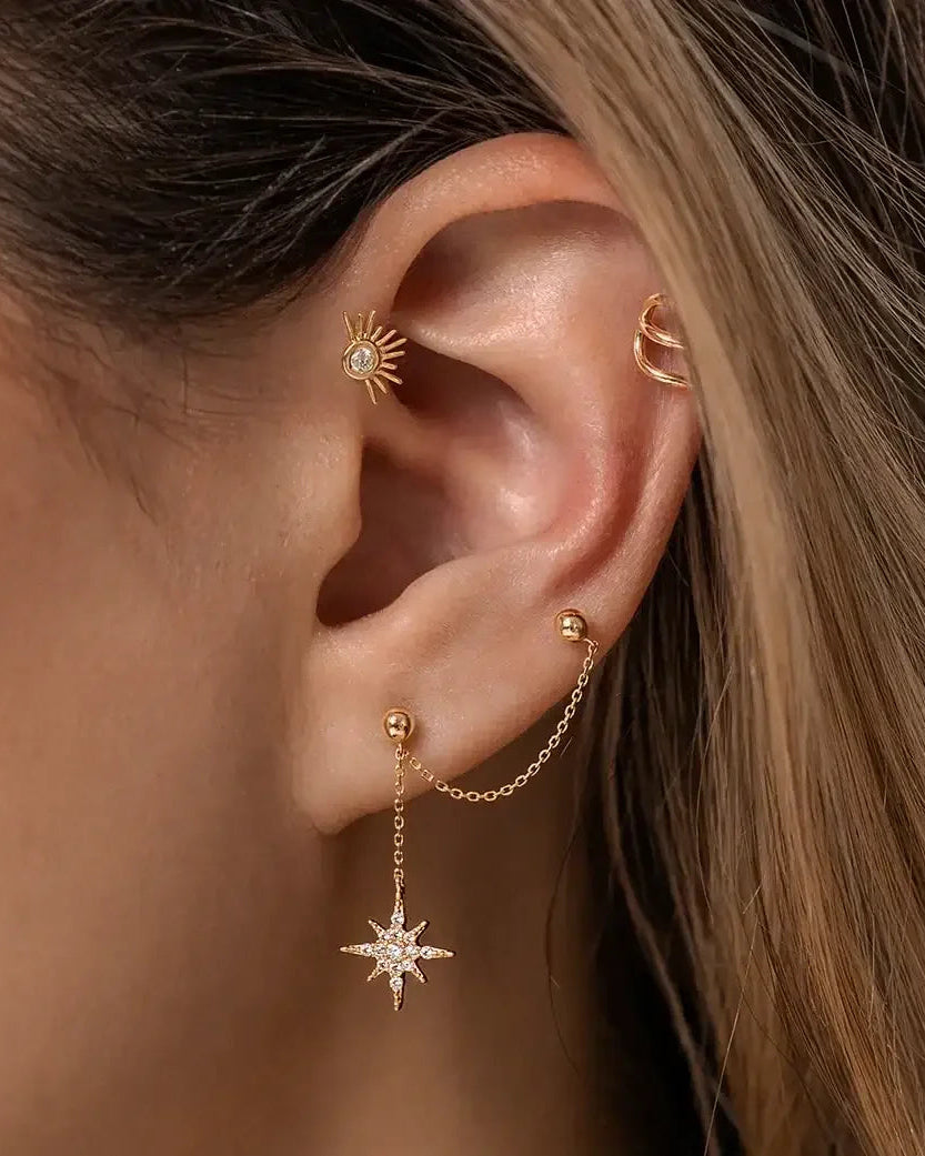 14K Solid Gold Starburst Chain Double Stud Earring – Anygolds