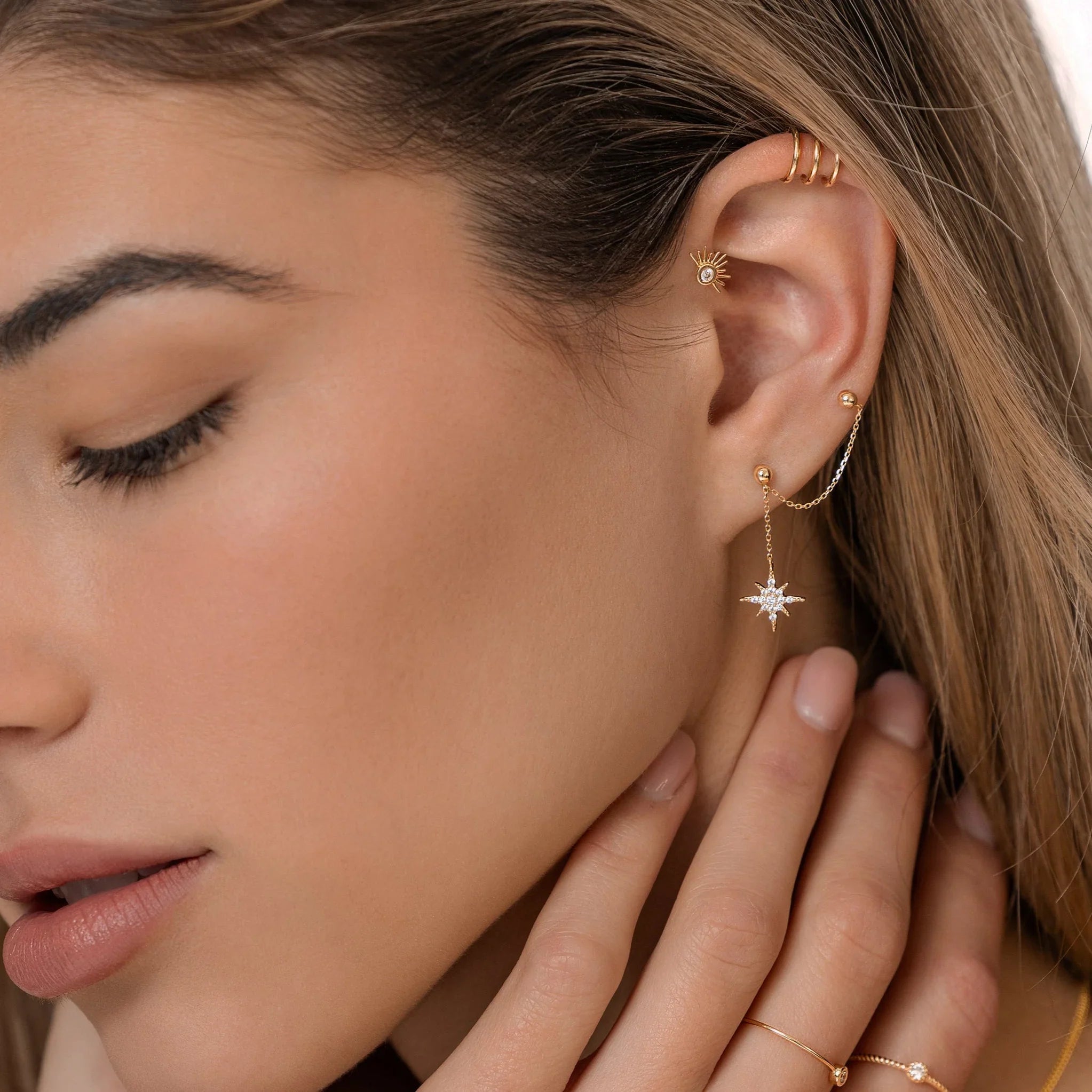 Starburst Chain Double Stud Earring - Anygolds