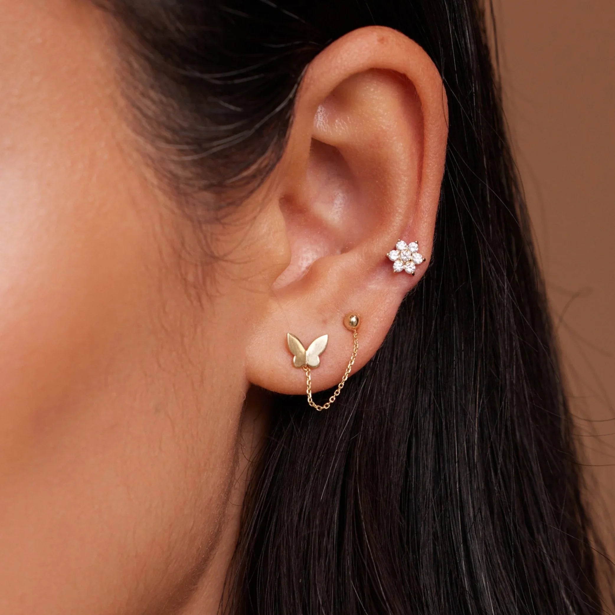Butterfly & Ball Chain Double Stud Earring - Anygolds