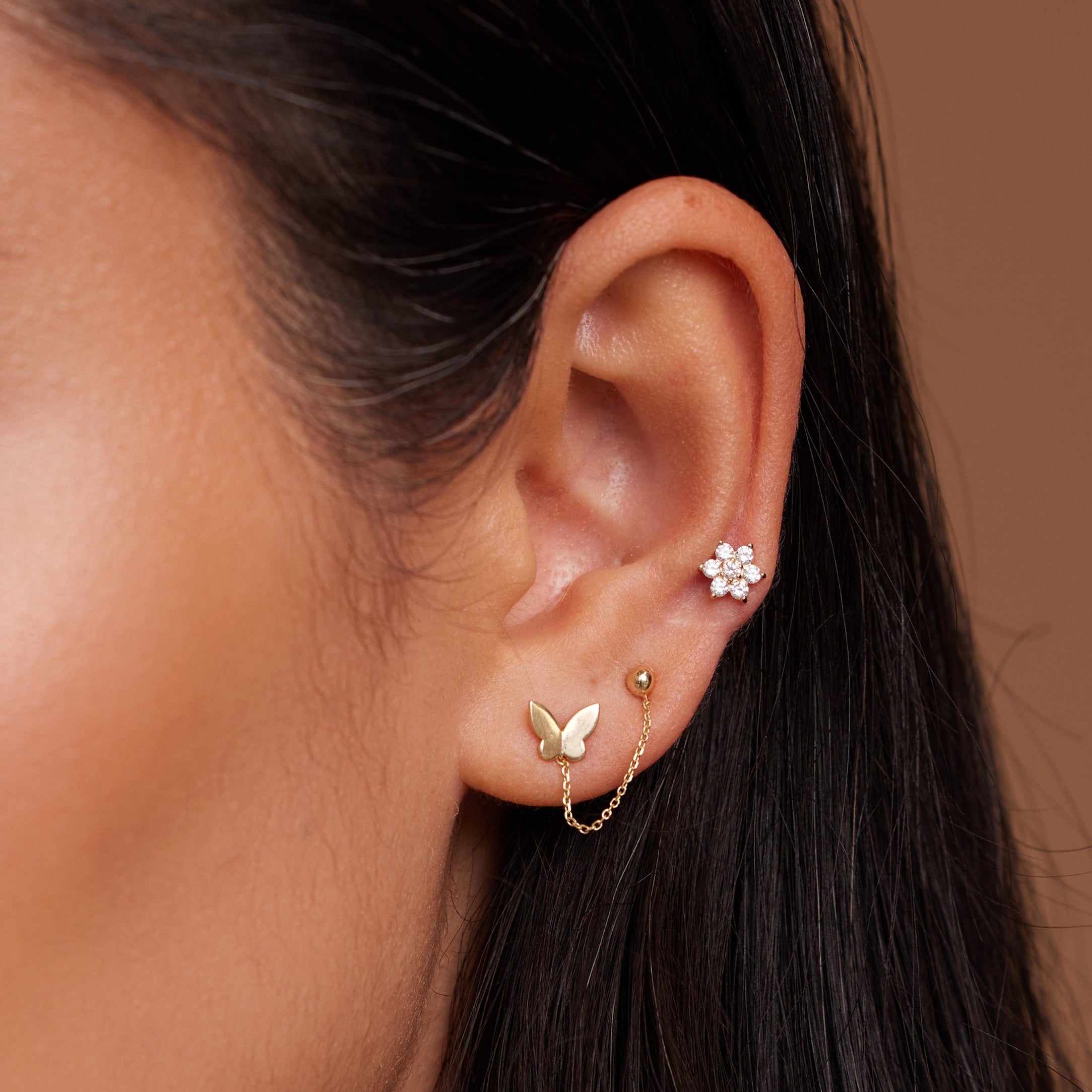 14K Solid Gold Cubic Zirconia Flower Stud Piercing Flat Back Earring (Internal Thread) - Anygolds