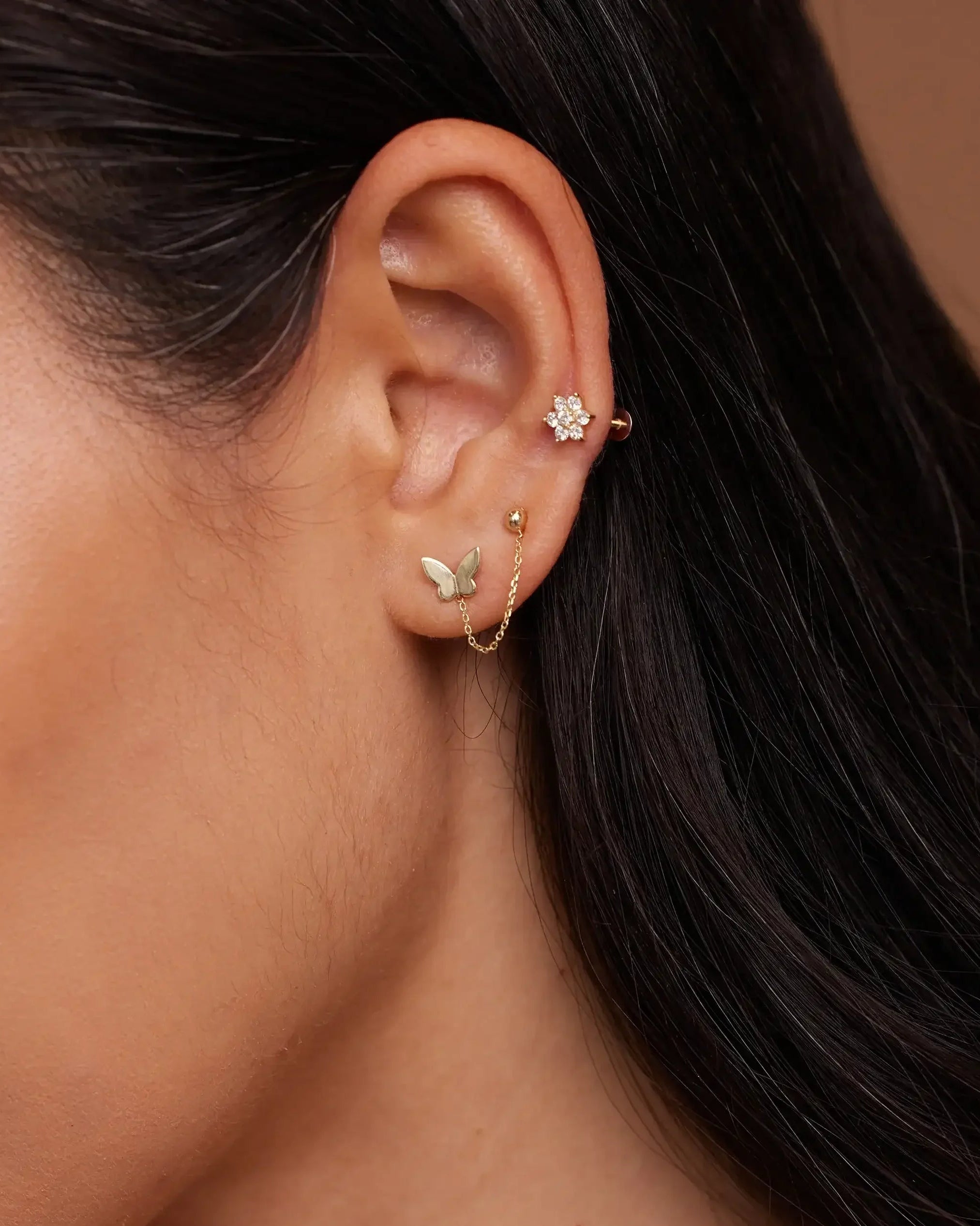 14K Solid Gold Butterfly & Ball Chain Double Stud Earring – Anygolds