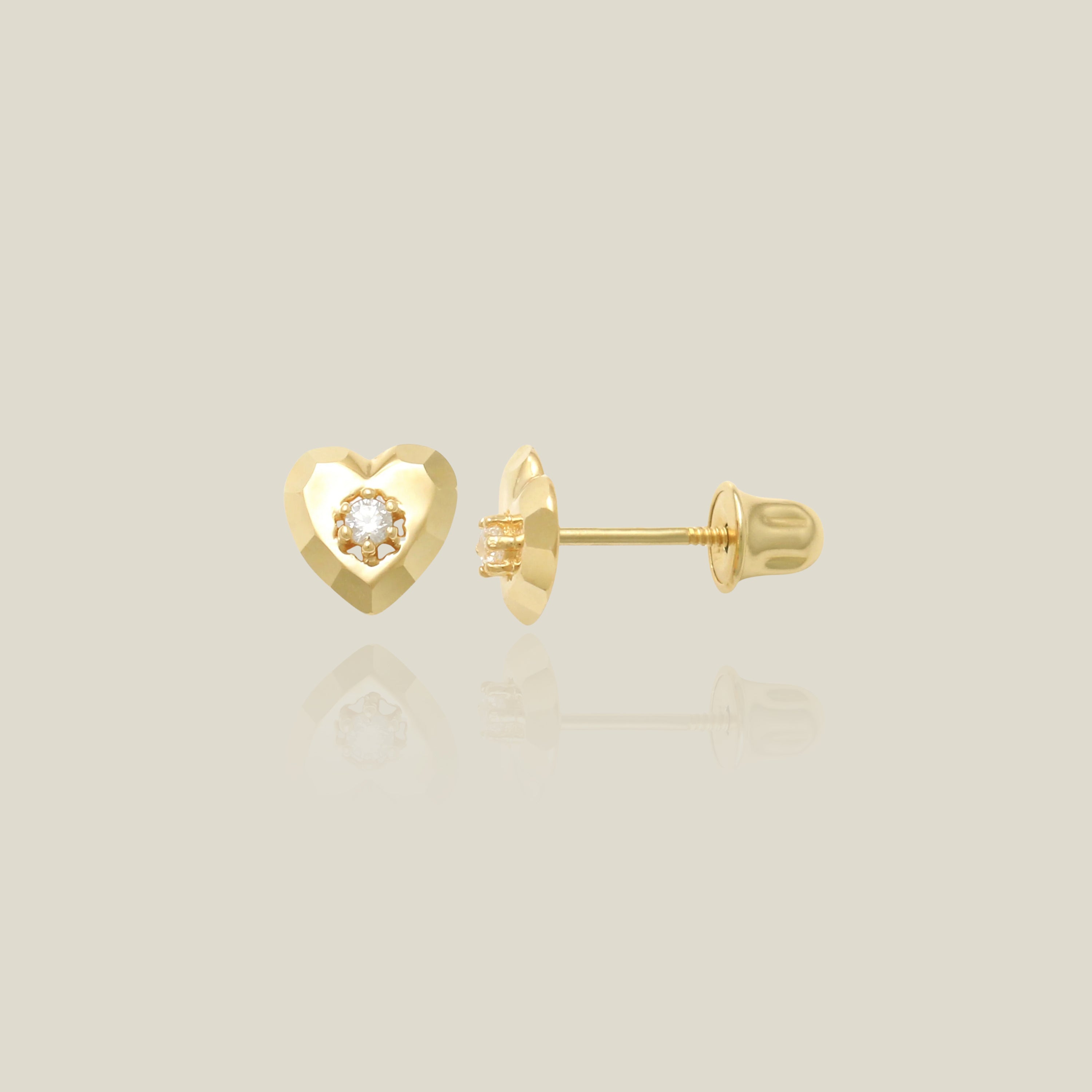 14K Solid Gold Cubic Zirconia Diamond Cut Heart Mini Stud Earrings
