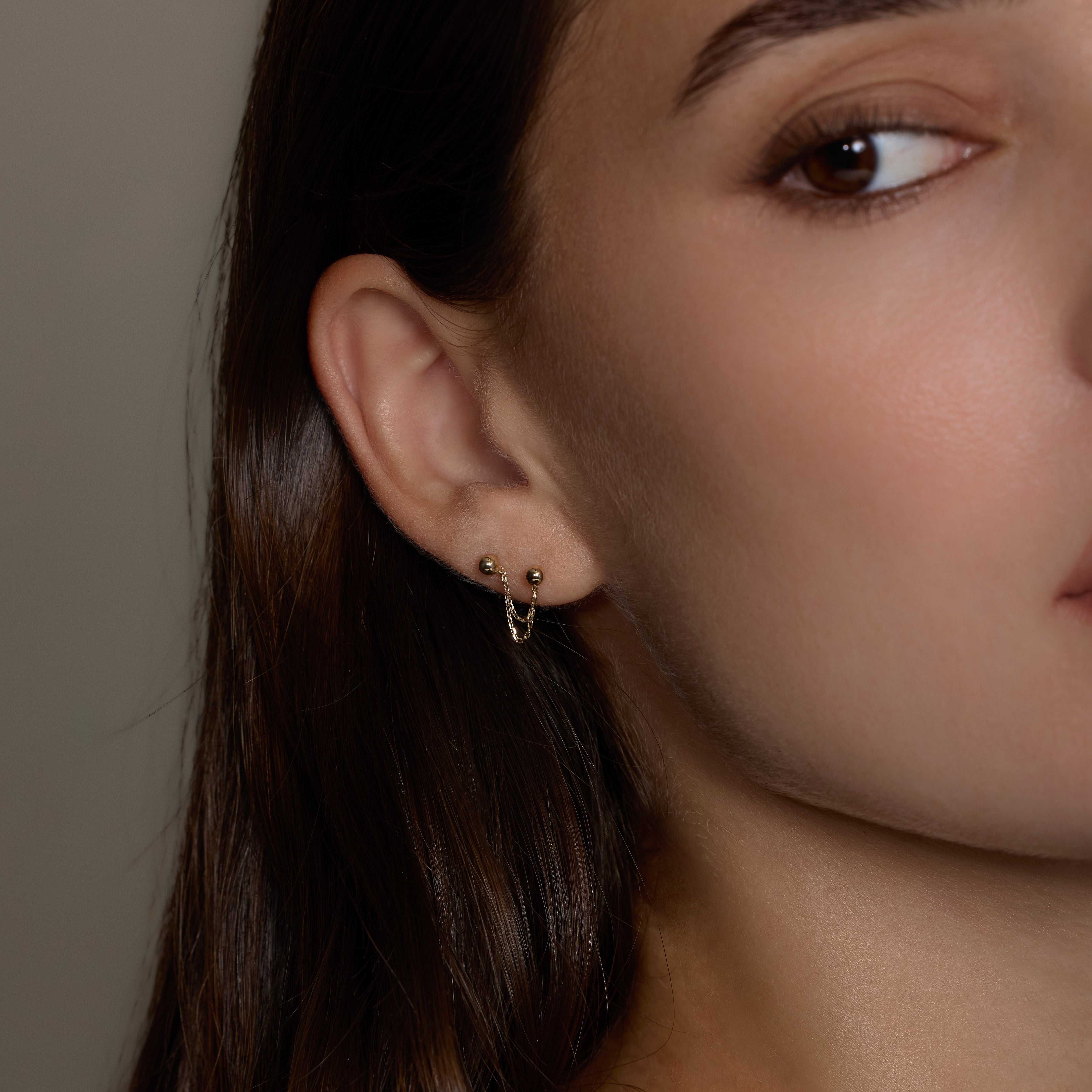14K Solid Gold Double Chain Ball Stud Earring – Anygolds