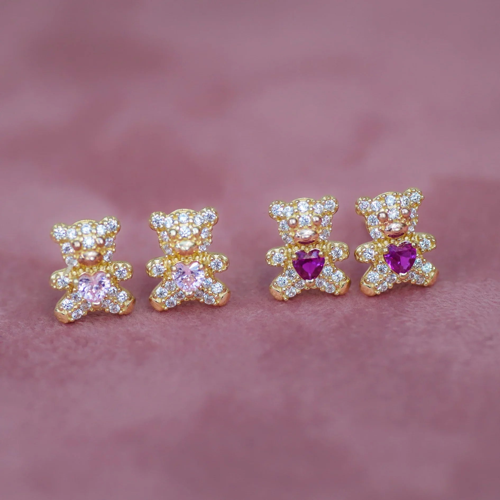 Teddy Bear with Heart Stud Earrings - Anygolds