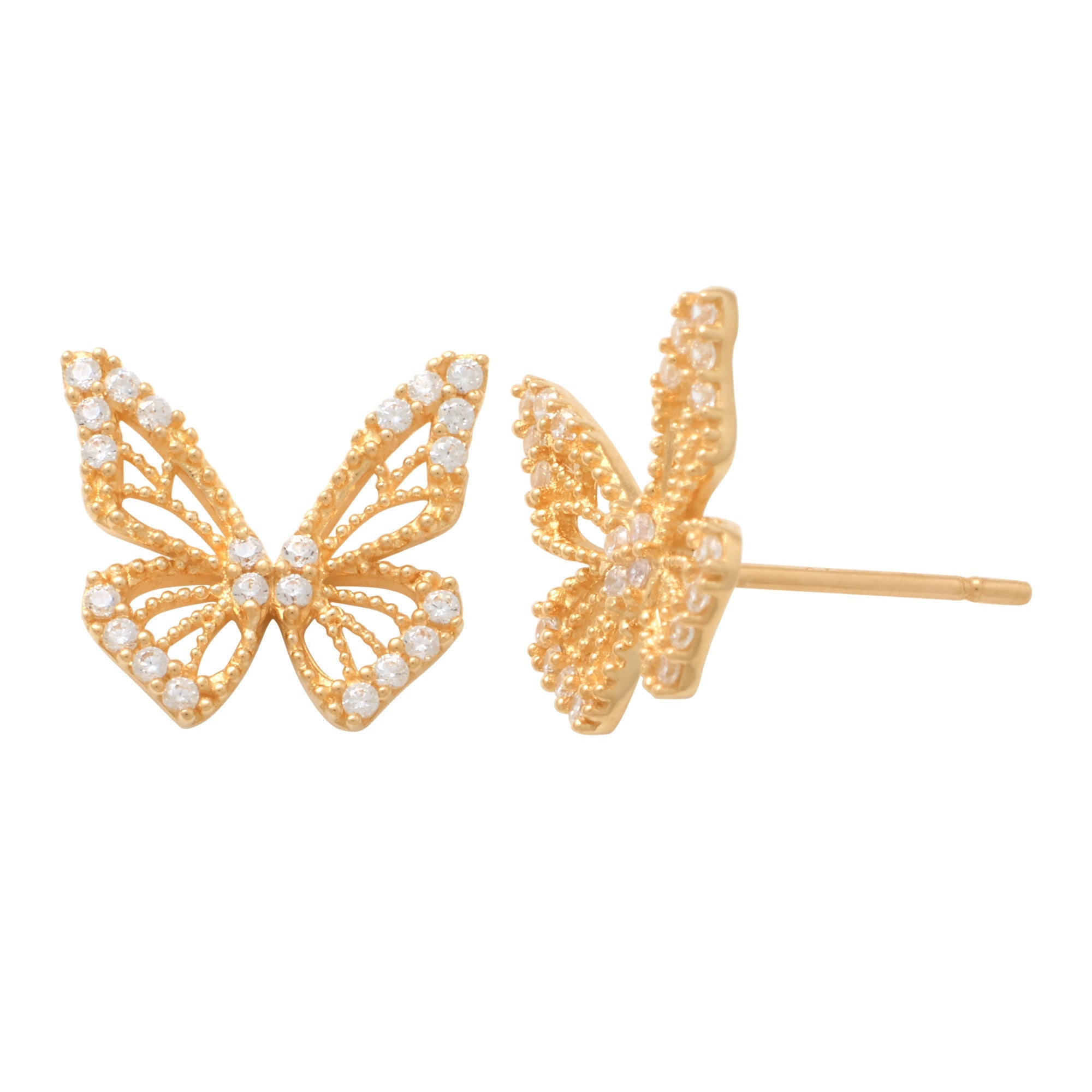 14K Solid Gold Medium CZ Butterfly Stud Earrings - Anygolds 
