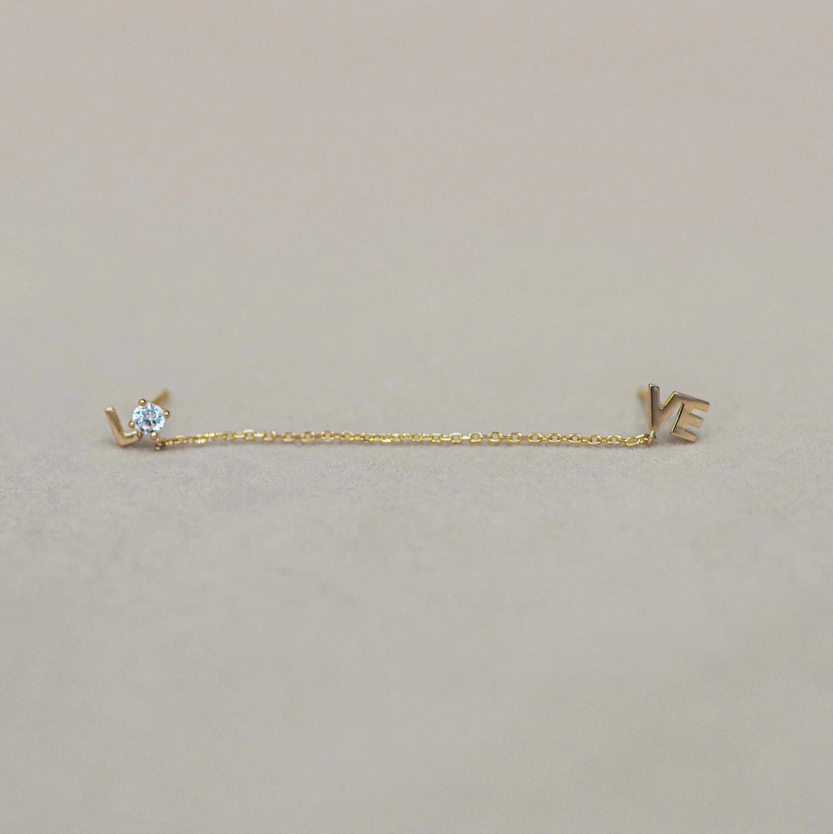 14K Solid Gold LOVE Chain Double Stud Earring – Anygolds