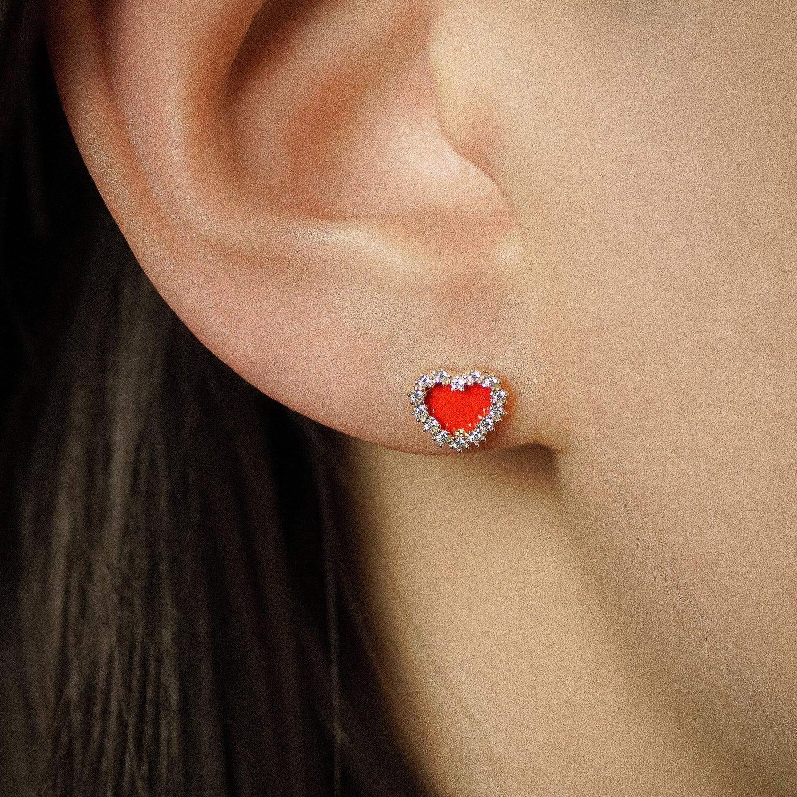 14K Solid Gold Epoxy Red Heart Pavé Stud Earrings – Anygolds