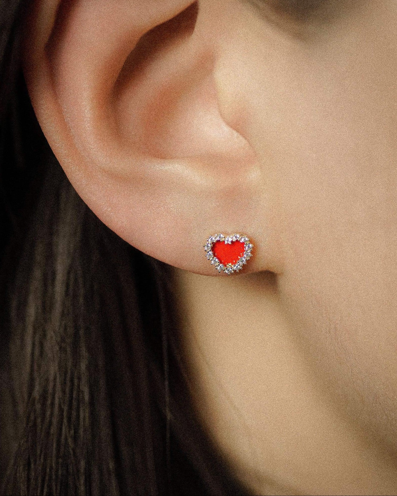 14K Solid Gold Epoxy Red Heart Pavé Stud Earrings – Anygolds