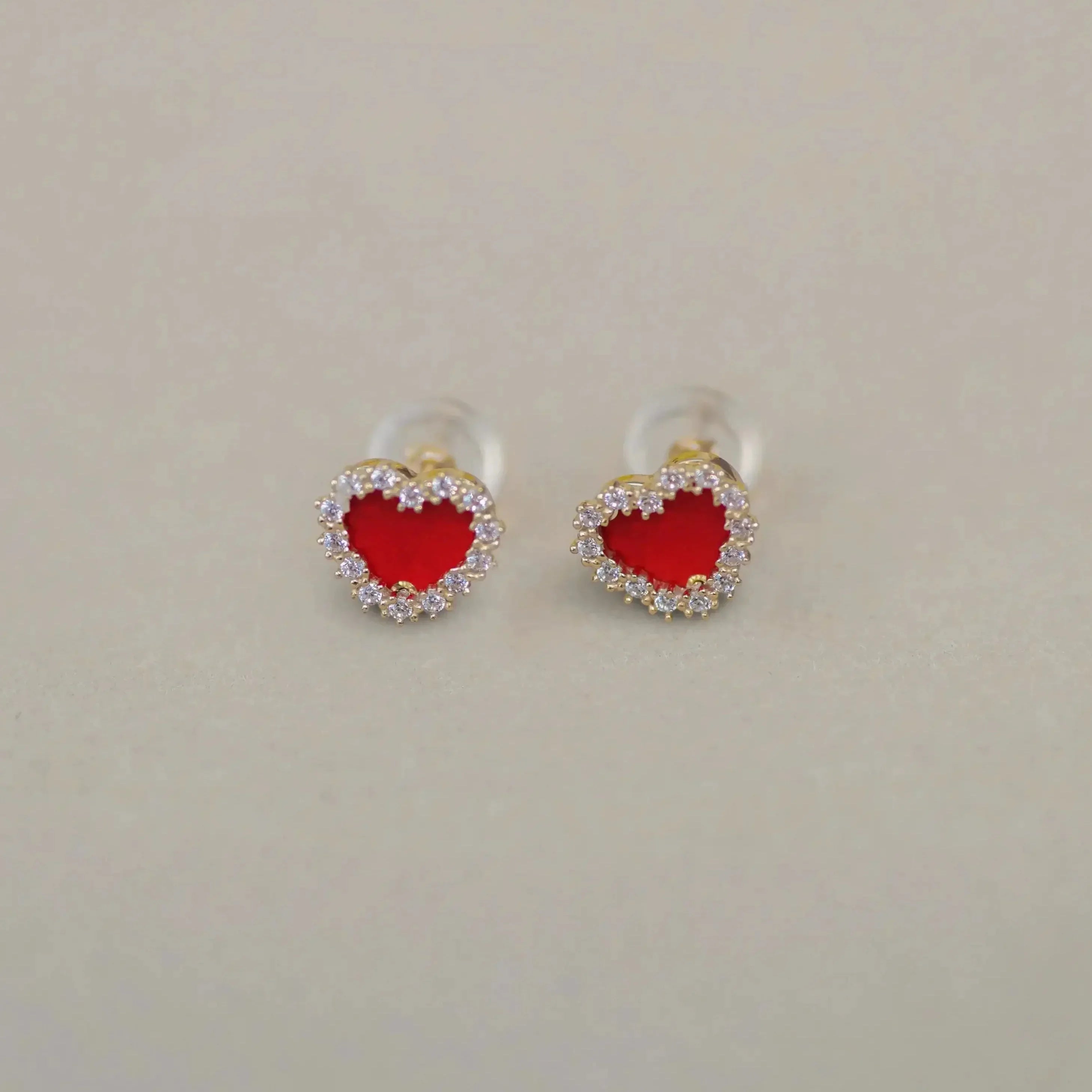 14K Solid Gold Epoxy Red Heart Pavé Stud Earrings – Anygolds