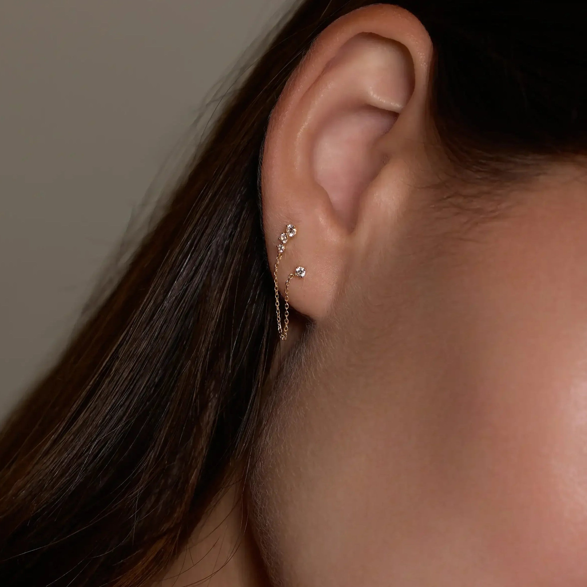 14K Solid Gold Dainty CZ Chain Double Stud Earring – Anygolds