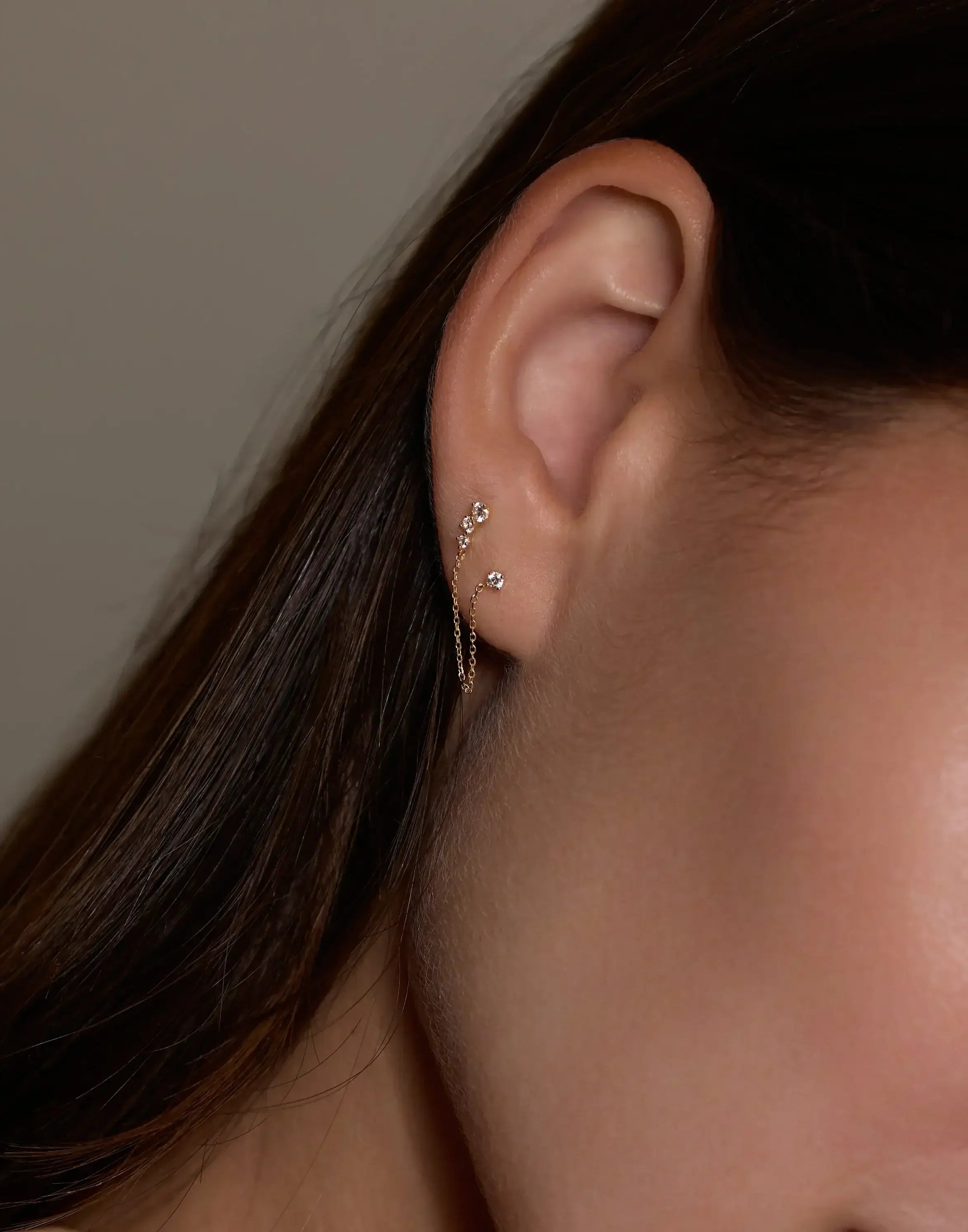 14K Solid Gold Dainty CZ Chain Double Stud Earring – Anygolds