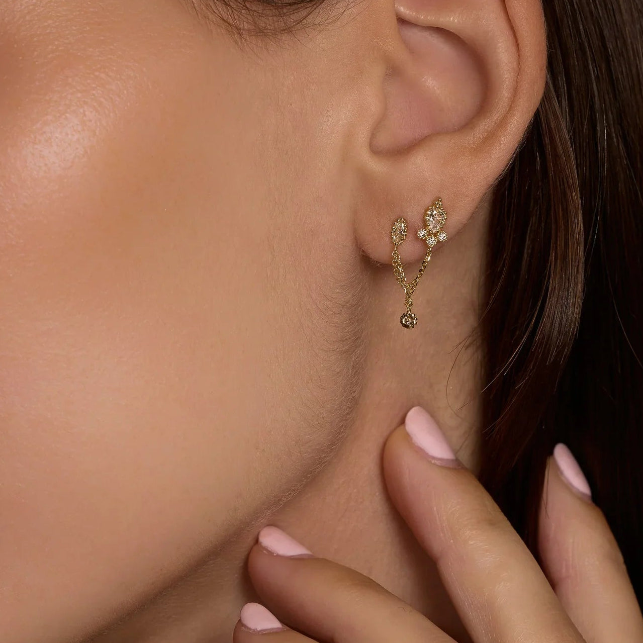 14K Solid Gold Ornate Drop Chain Double Stud Earring – Anygolds