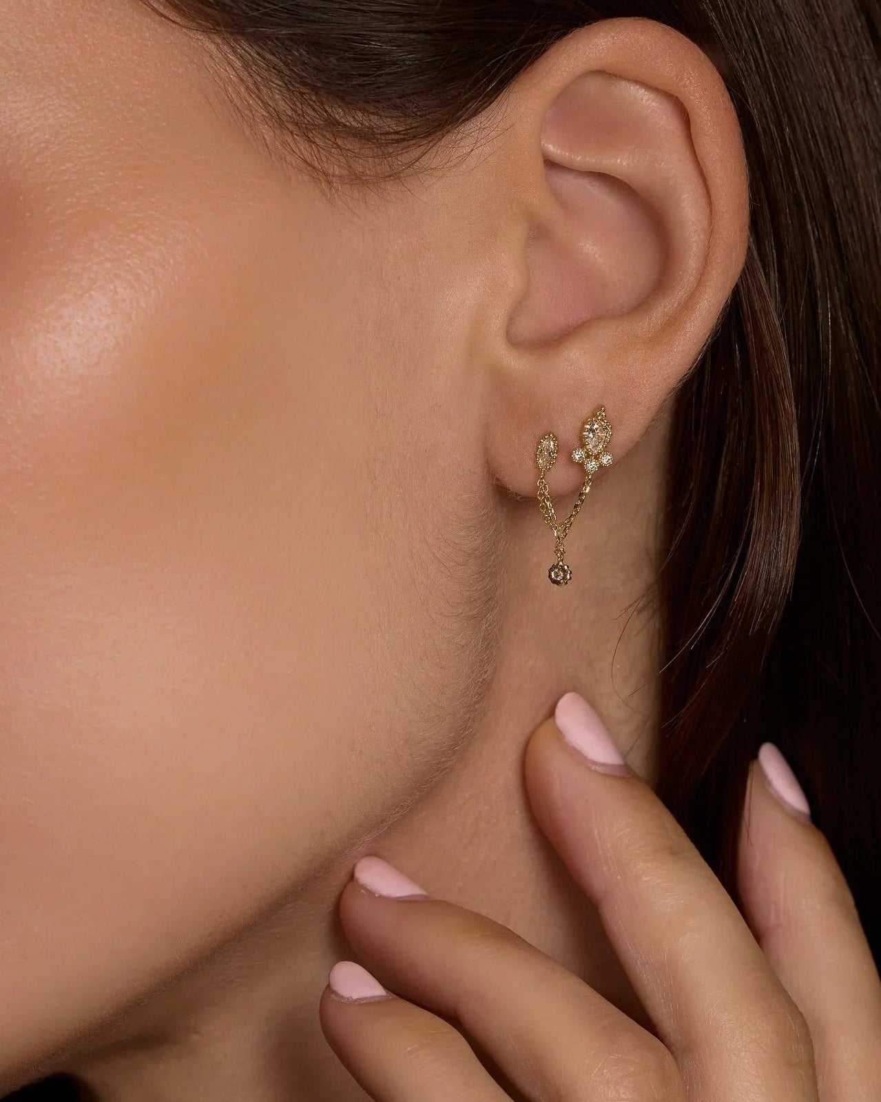 14K Solid Gold Ornate Drop Chain Double Stud Earring – Anygolds