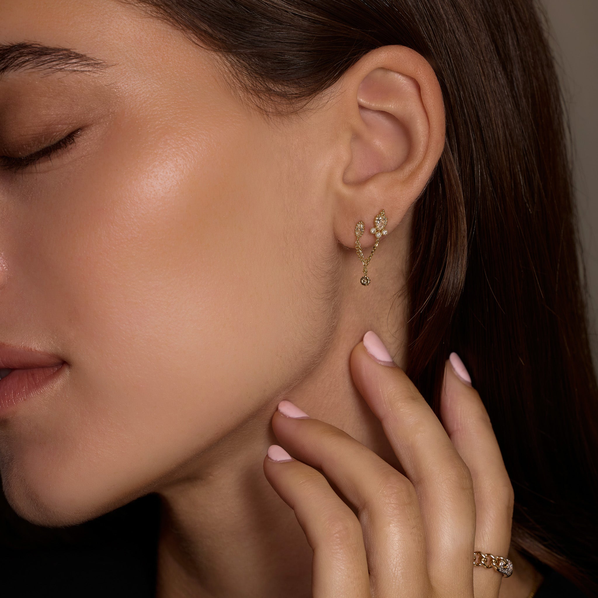 14K Solid Gold Ornate Drop Chain Double Stud Earring – Anygolds
