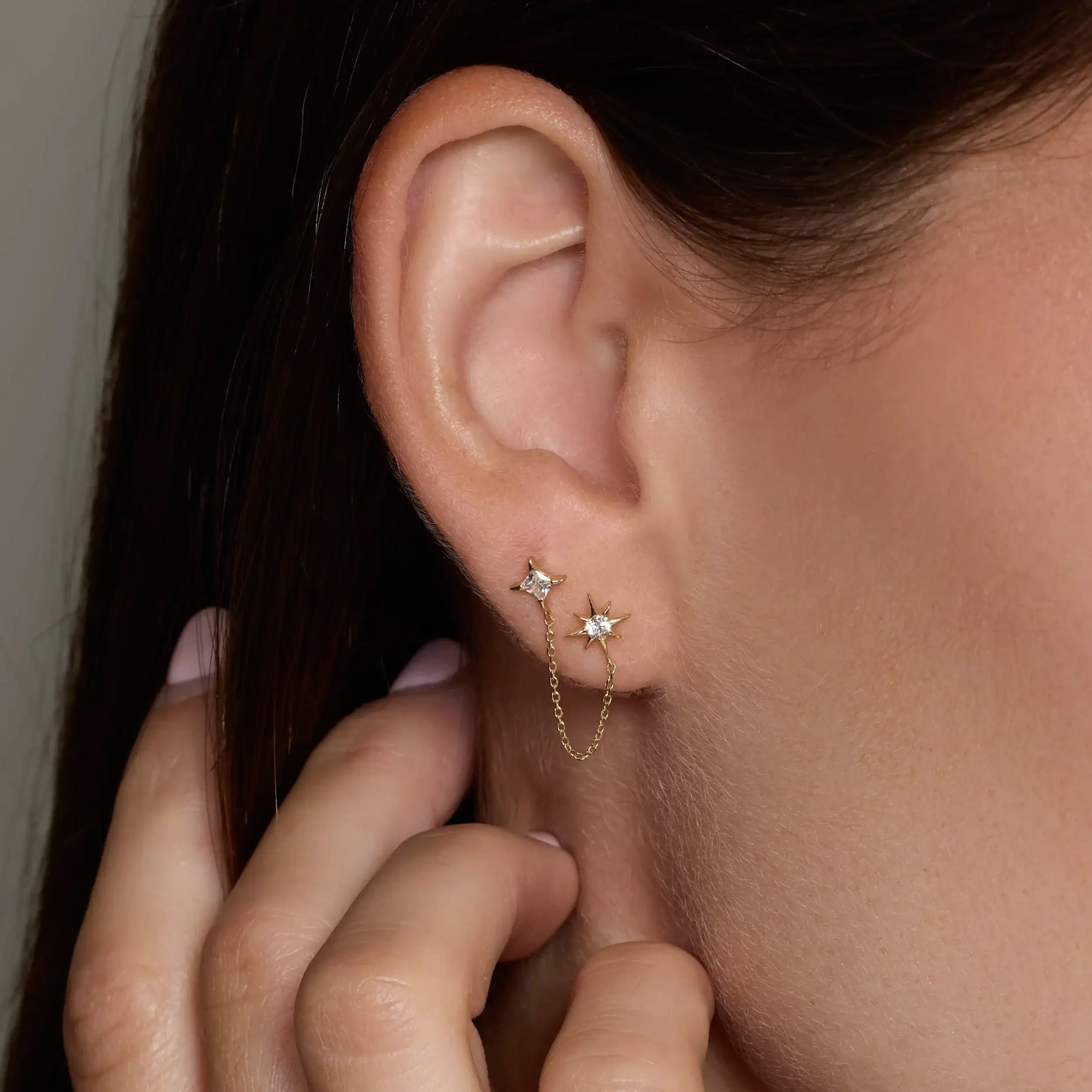 14K Solid Gold Twin Star Chain Double Stud Earring – Anygolds
