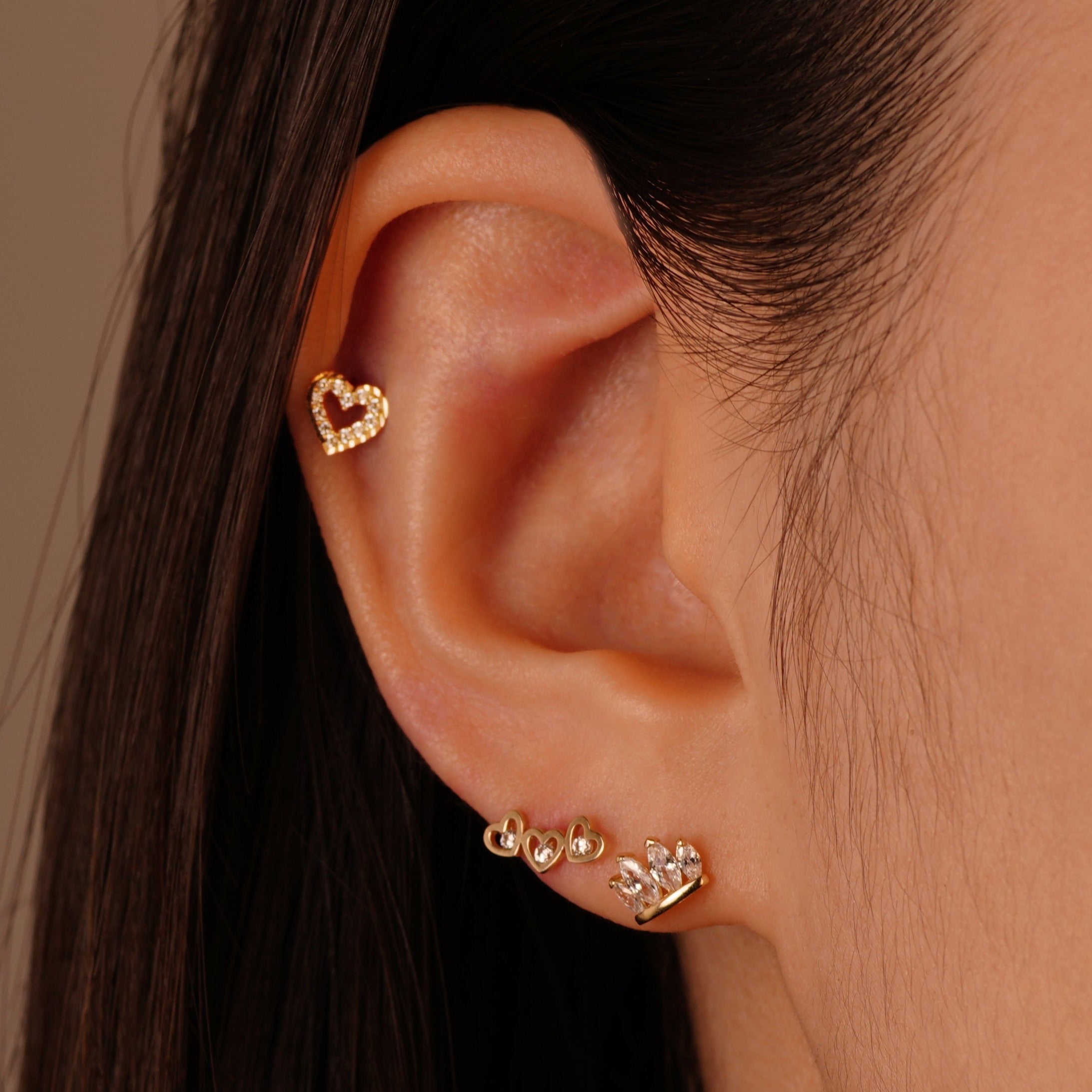 14K Solid Gold Cubic Zirconia Stone Triple Hearts Mini Stud Earrings - Anygolds 