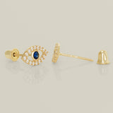 14K Solid Gold Sapphire Blue Cubic Zirconia Evil Eye Stud Screw-back Earrings - Anygolds 